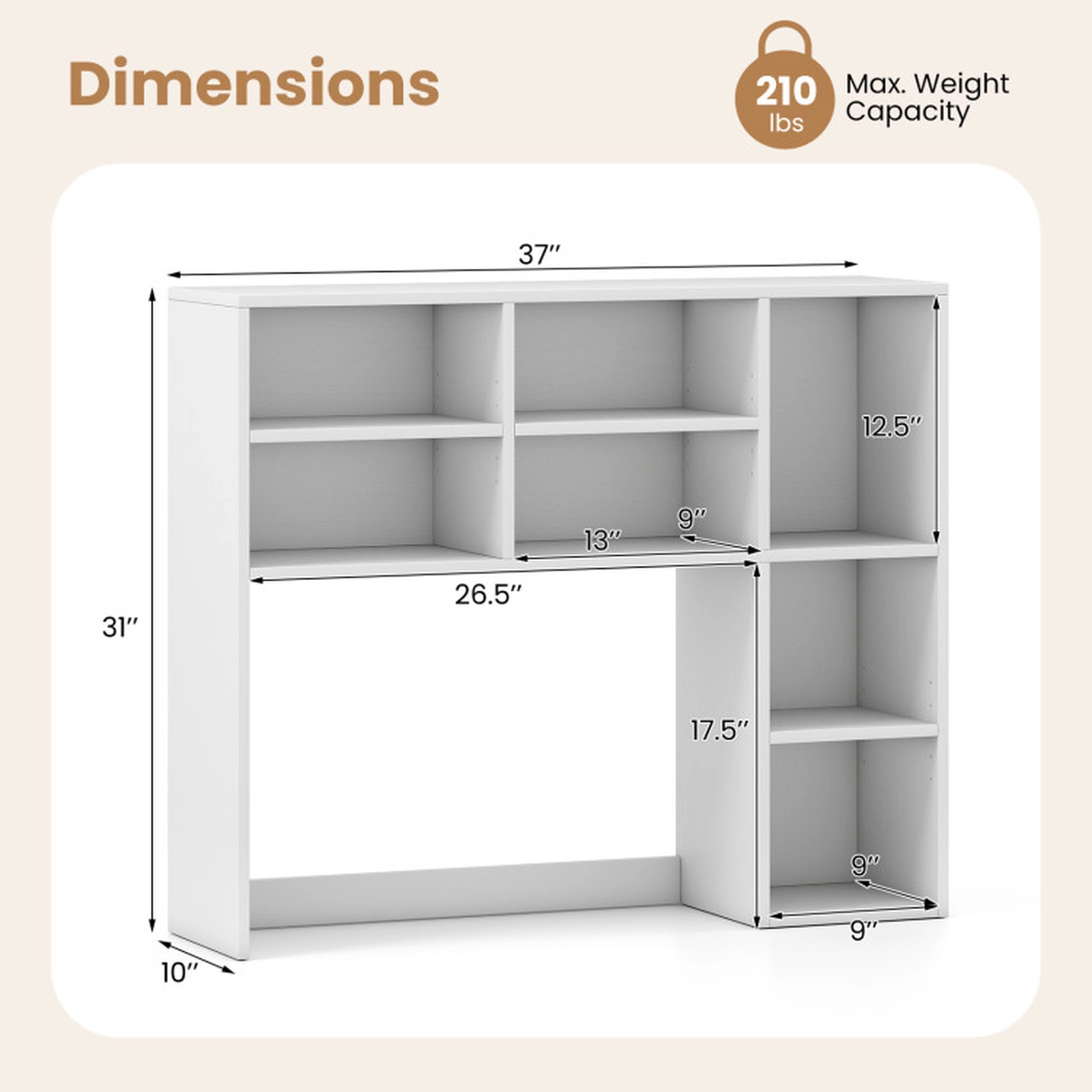 SUGIFT White Desktop Bookshelf with 7 Open Cubbies and 3 Adjustable Shelves