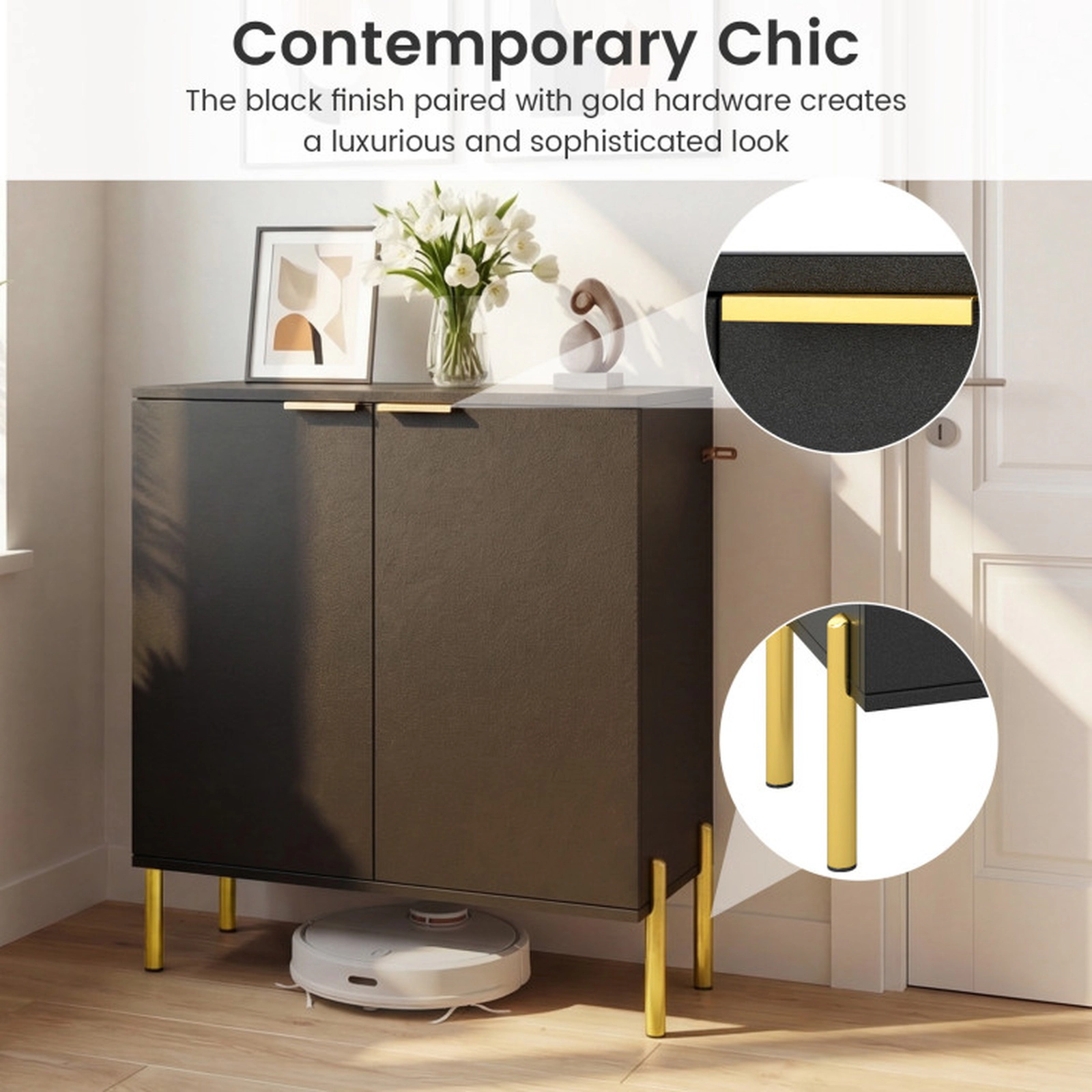 SUGIFT Set of 2 135-lb Top Capacity 31-in Black 2-Door Buffet Cabinet Sideboards with Elevated Metal Legs