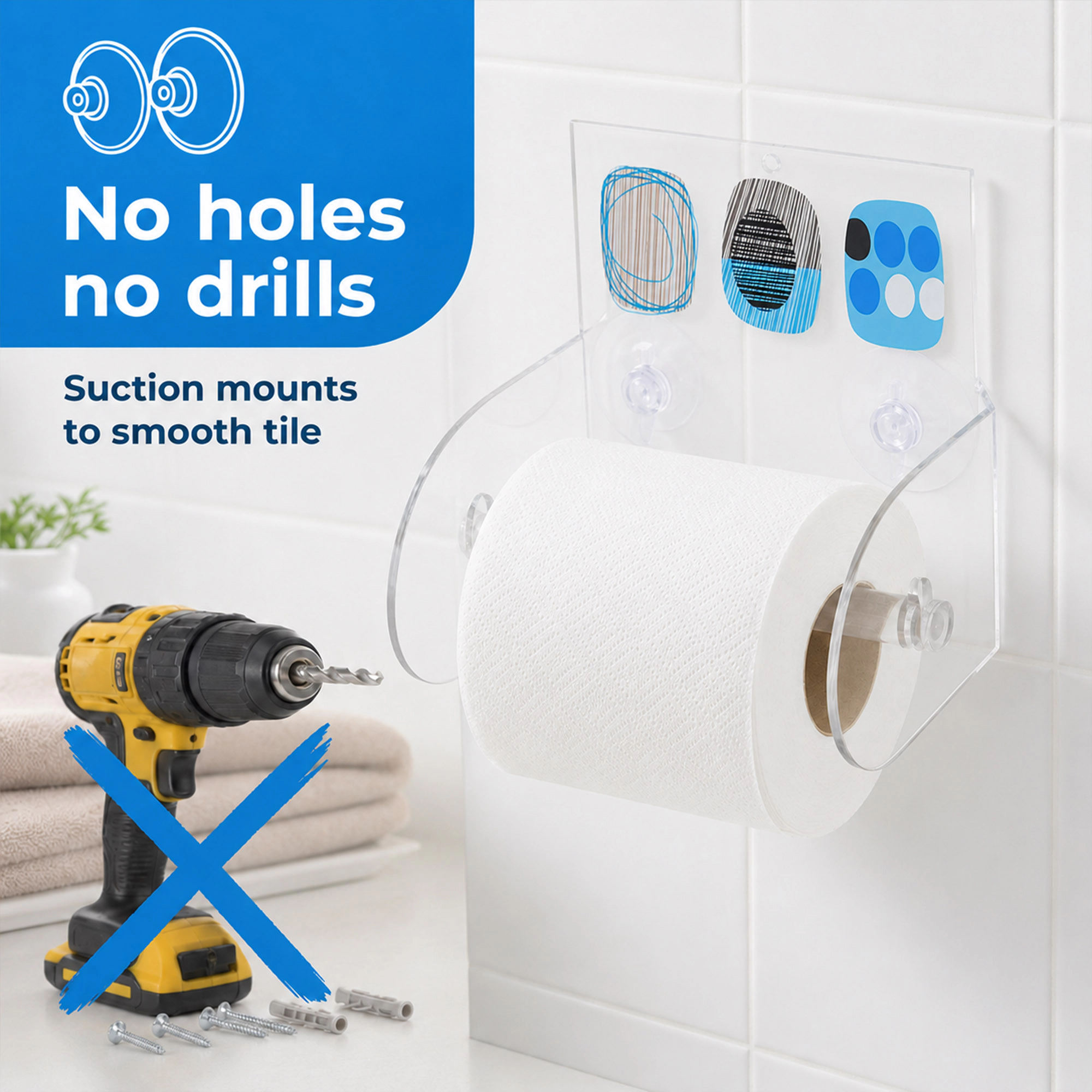 Evideco French Home Goods Printed Acrylic No-Drill Suction Toilet Paper Holder - Open Front