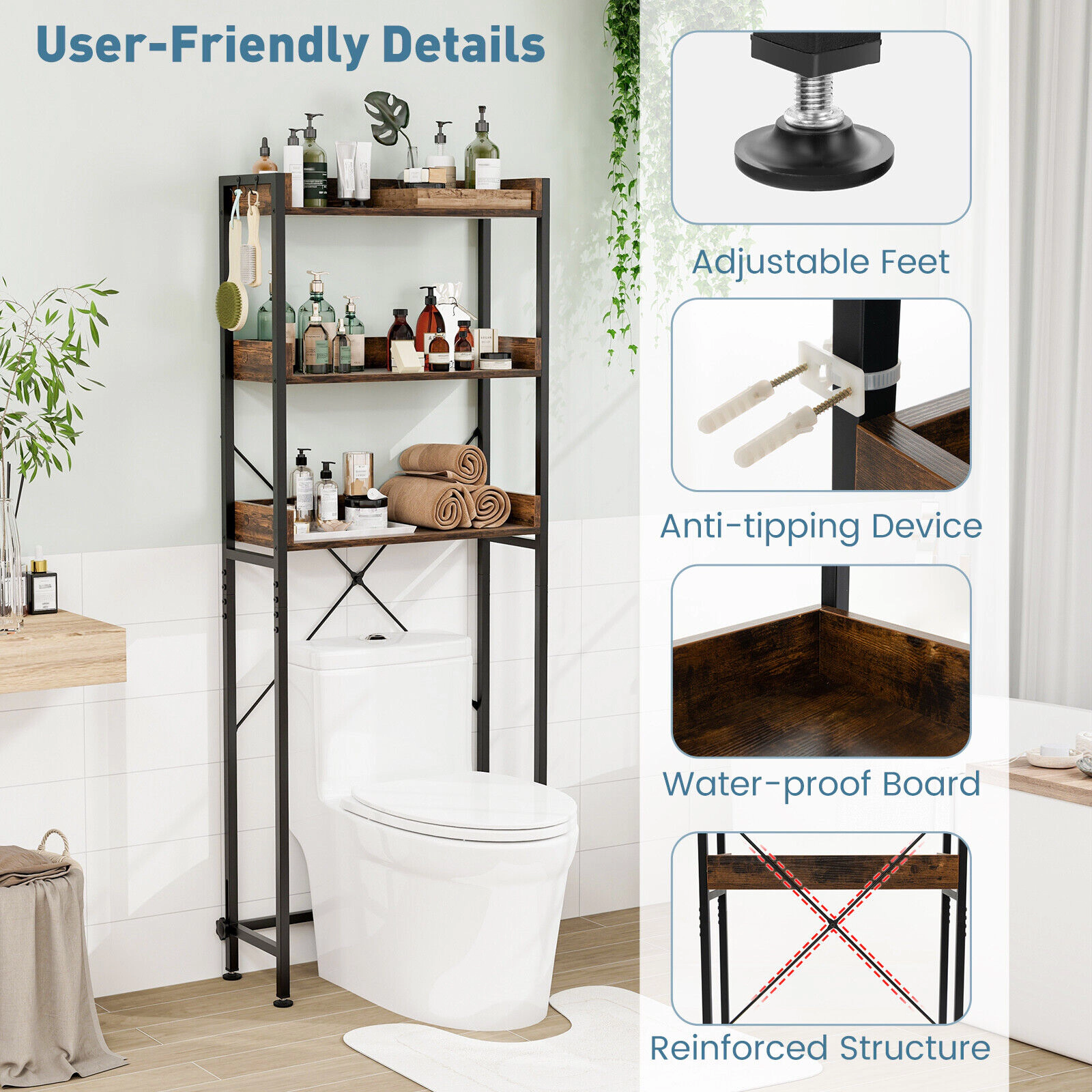 SUGIFT Rustic Brown Freestanding Over the Toilet Rack with Adjustable Bottom Bar 4 Towel Hooks and Shelves