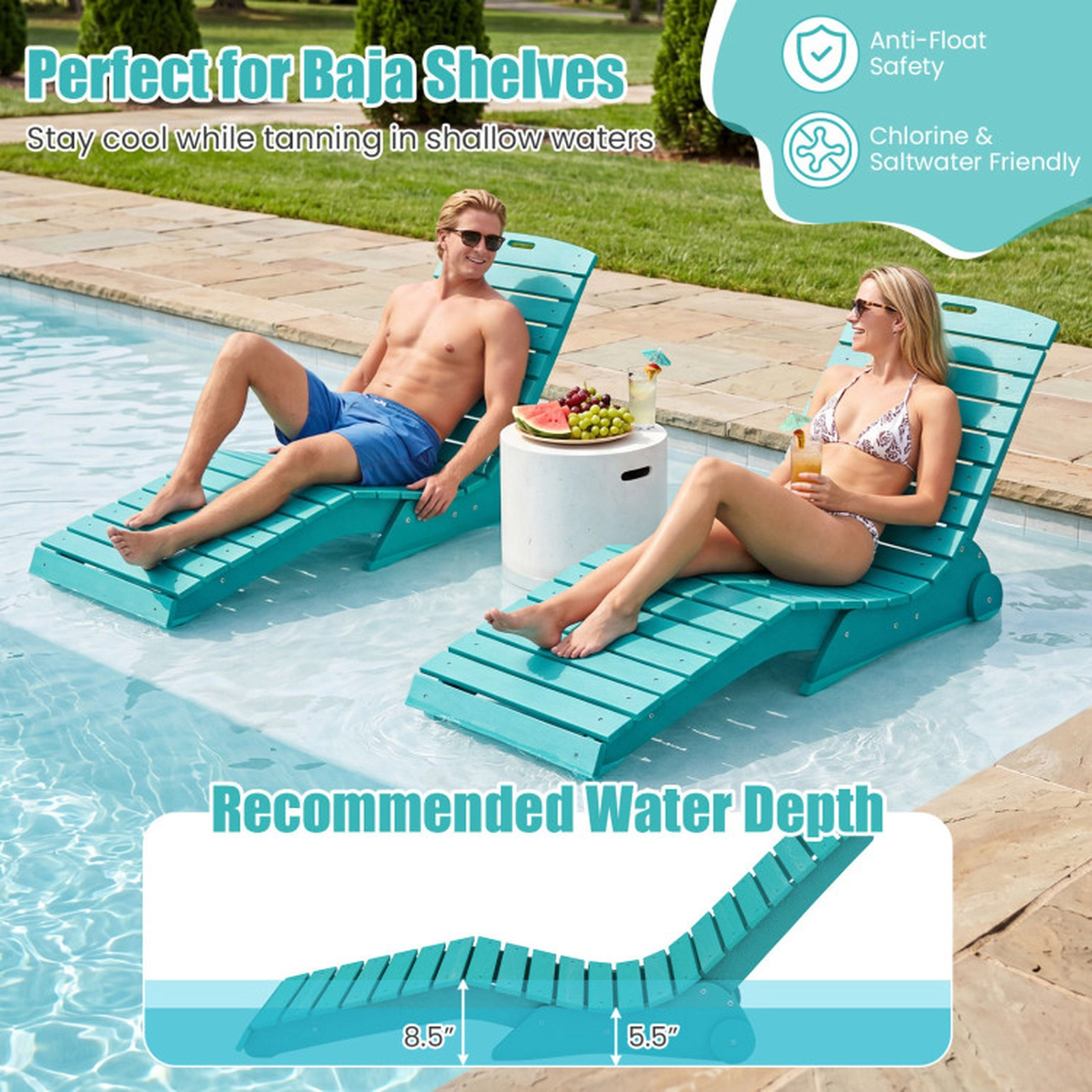 SUGIFT Weighted Anti-Floating HDPE Baja Shelf 450-lb Capacity In-Pool Lounge Chair