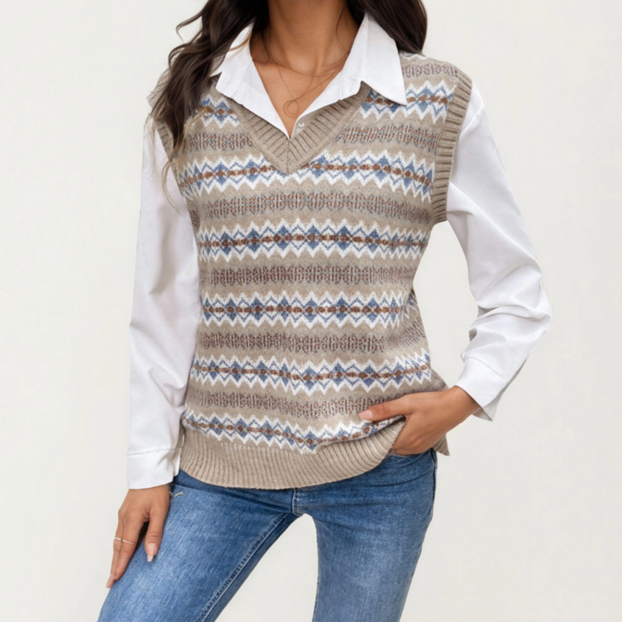 Anna-Kaci Women's Sleeveless V-Neck Knit Sweater Vest with Geometric Pattern