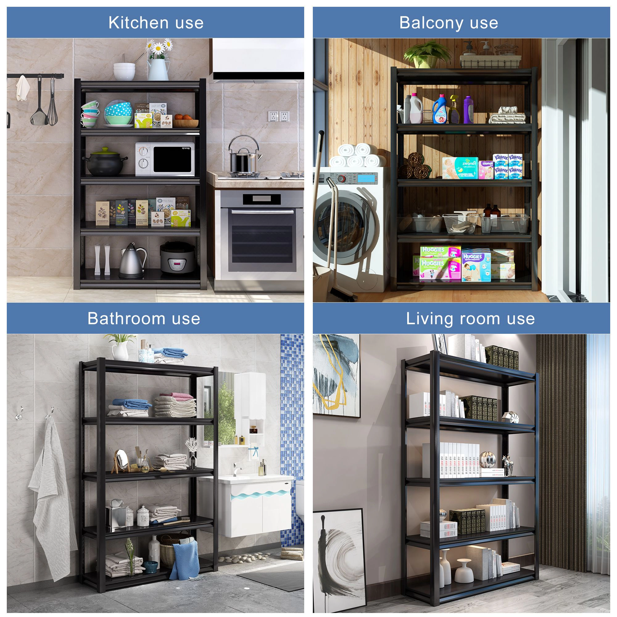 Flynama Adjustable 5 tier metal shelf living room bedroom kitchen garage tool room