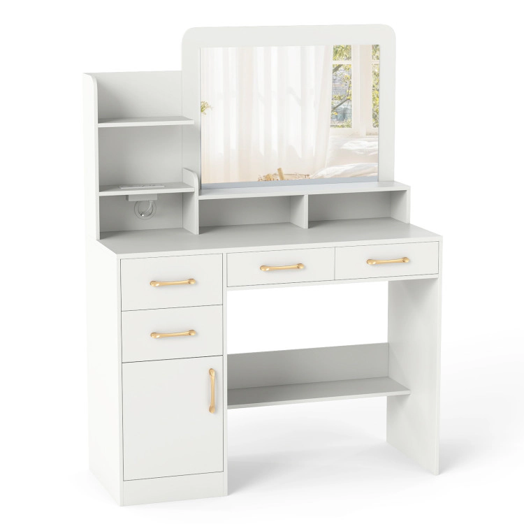 Hivvago 39.5 Inch Vanity Desk With Power Outlets And Mirror For Bedroom