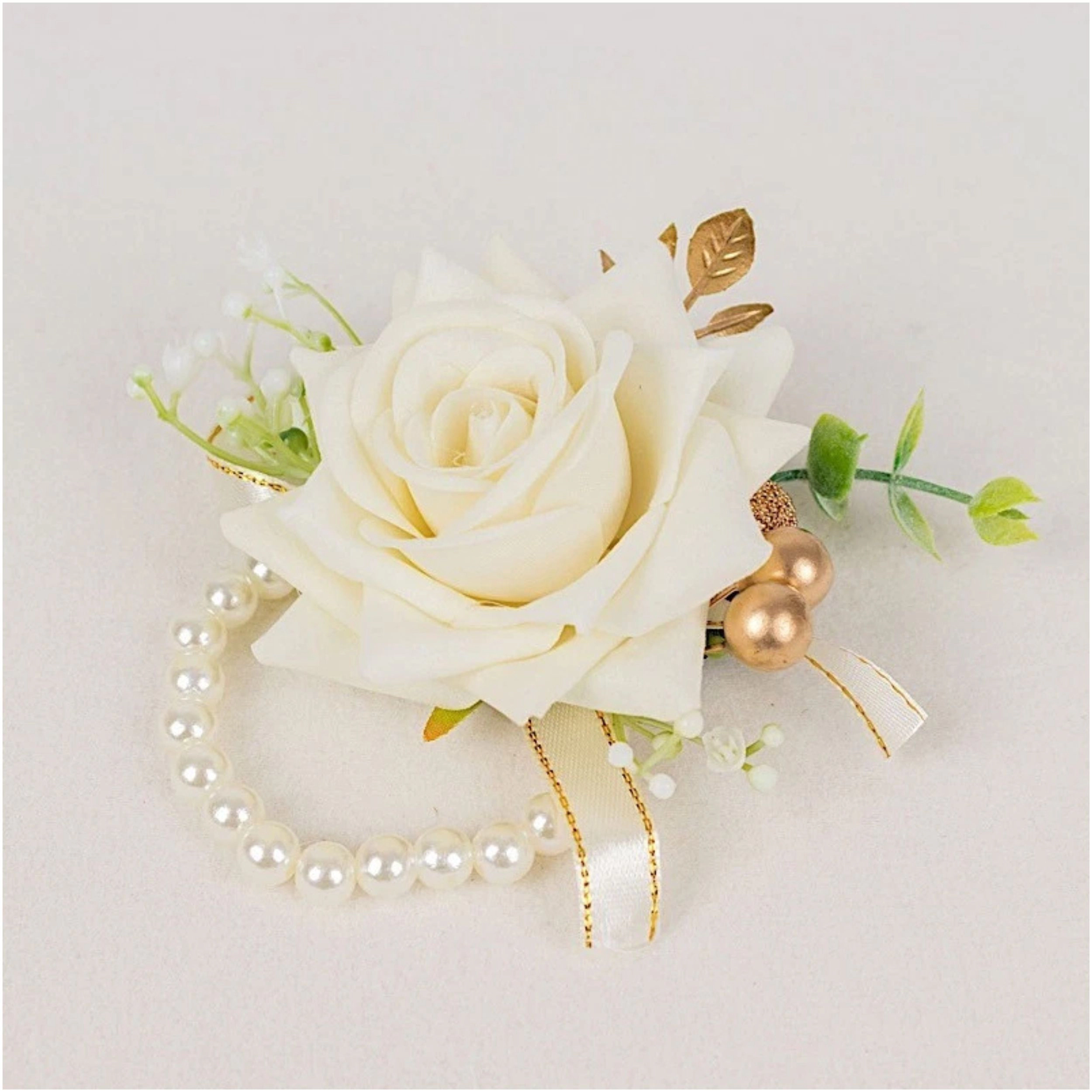 Home Collection Set of 2 White Artificial Silk Rose Wrist Corsages with Pearls