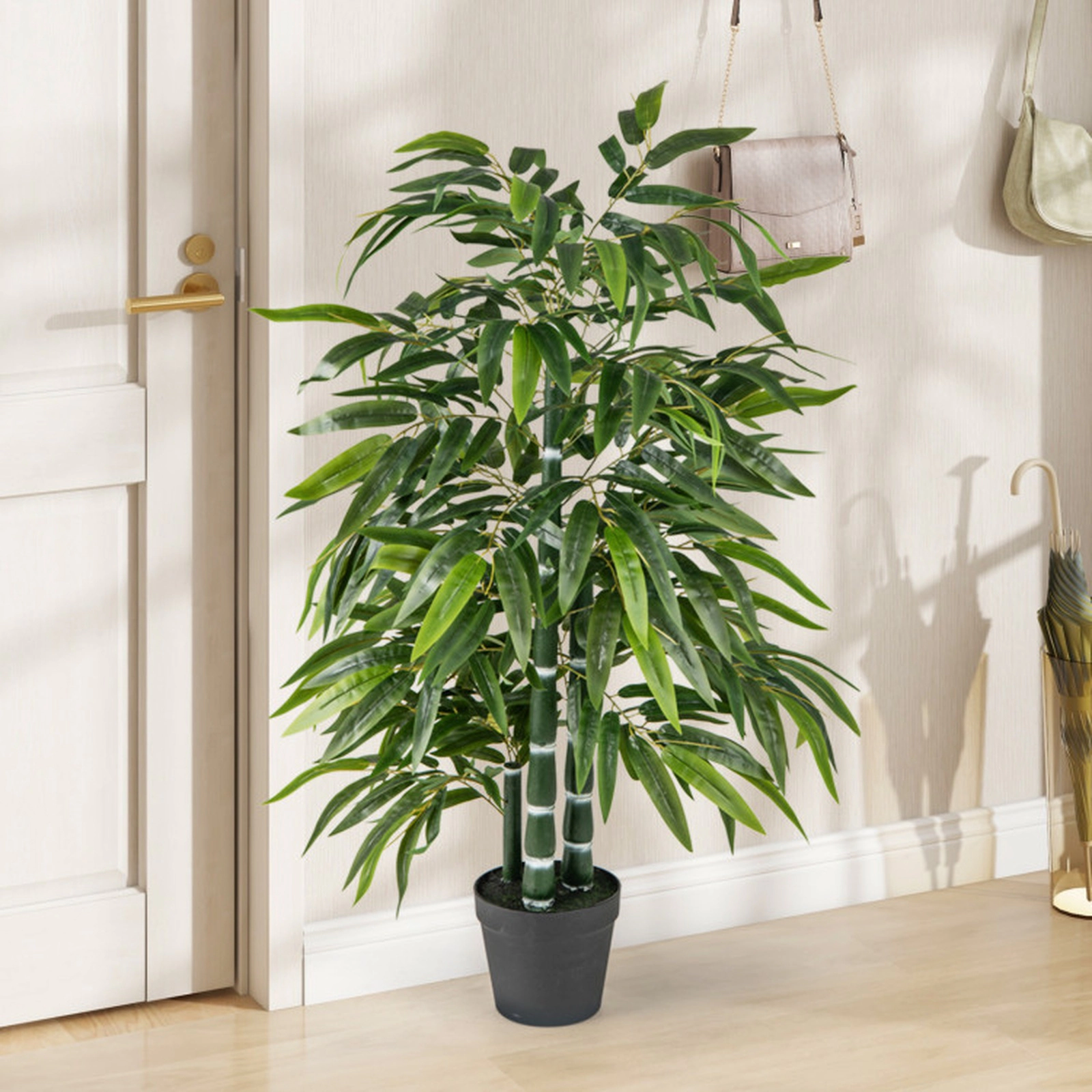 SUGIFT 2-Pack Artificial Bamboo Leaf Trees with 3 PE Trunks 50-in Tall with Weighted Cement Base Green Black