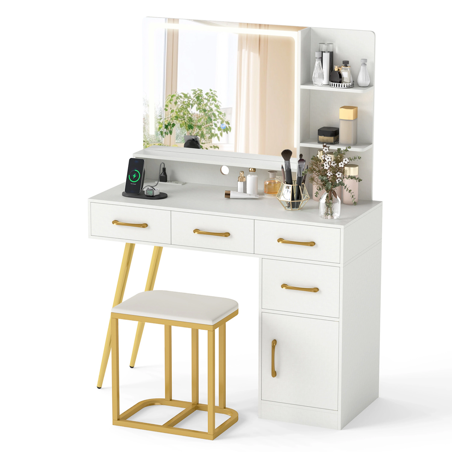 LJG Vanity Set with Mirror and Lights and Table with Adjustable Brightness