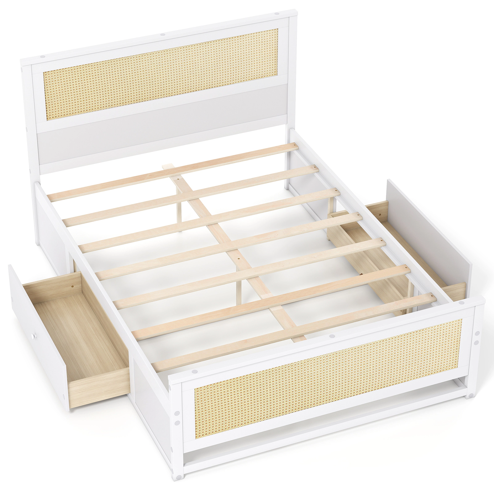 SUGIFT Full Size 400-lb Bed Capacity Rattan Wood Bed Frame with 2 Storage Drawers 79-in L 57-in W 41.5-in H White