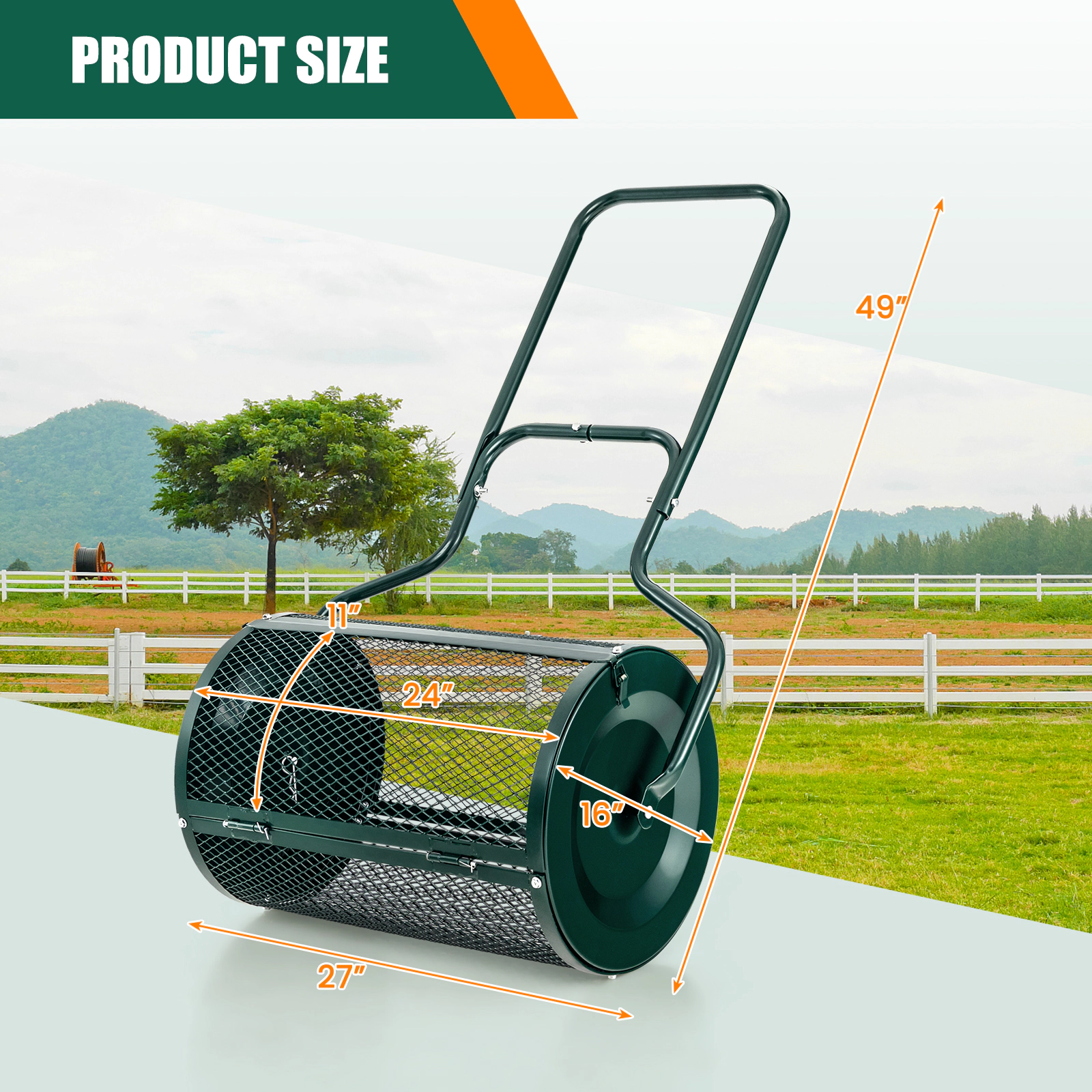SUGIFT Green 24-in Peat Moss Spreader Roller with 2.7-cu ft Mesh Drum U-Shaped Handle and Side Latches