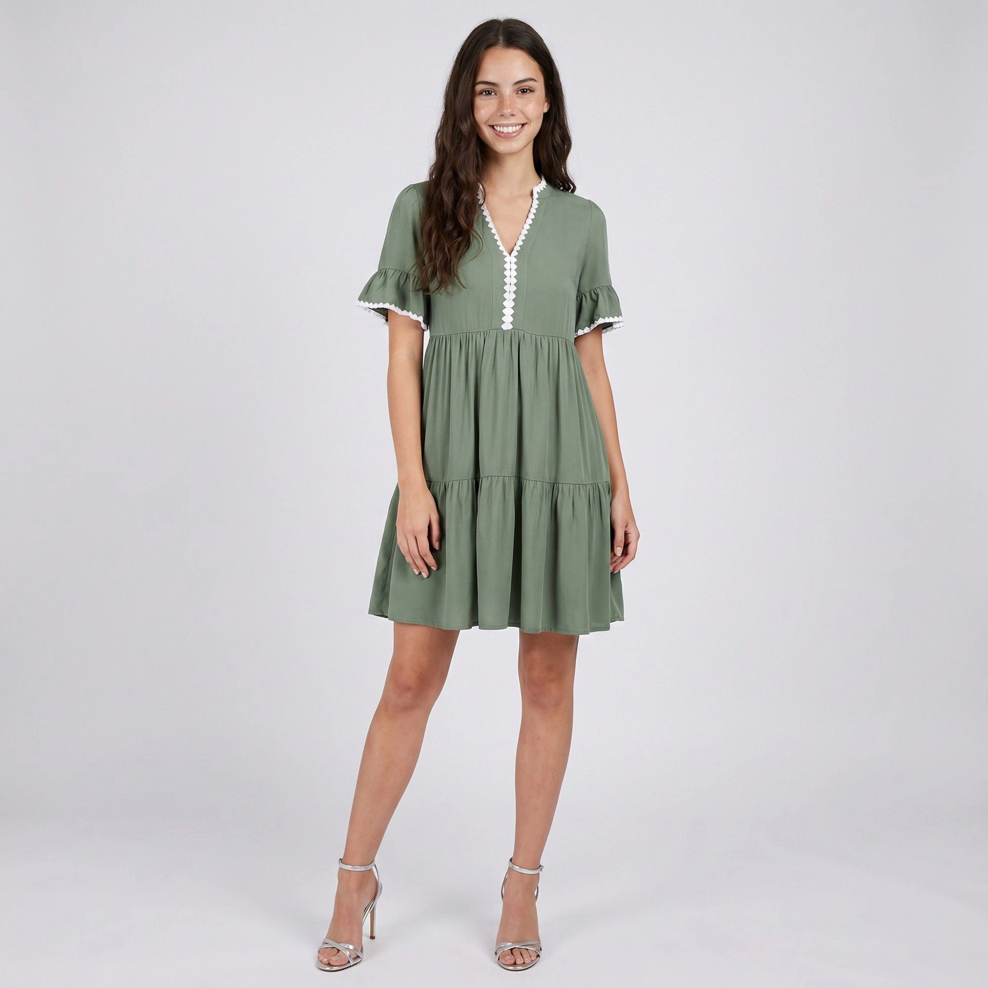 Anna-Kaci Women's Lace Trim V Neck Flutter Sleeve Tiered Gathered Waist Flowy Relaxed Silhouette Mini Dress