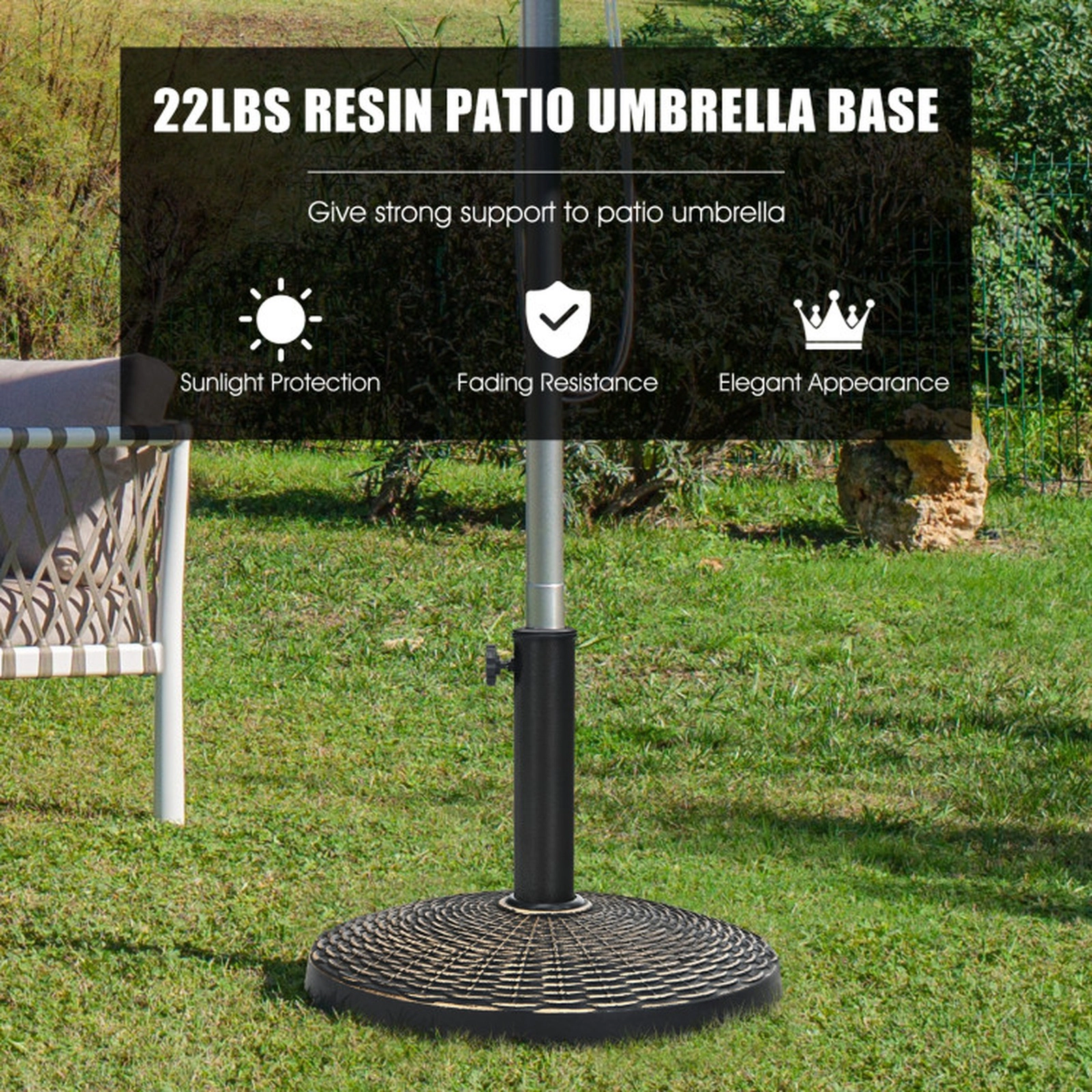 SUGIFT 22-lb Bronze Resin Patio Umbrella Base with Wicker Style and 2 Pole Adapters 18-in Dia 13-in H