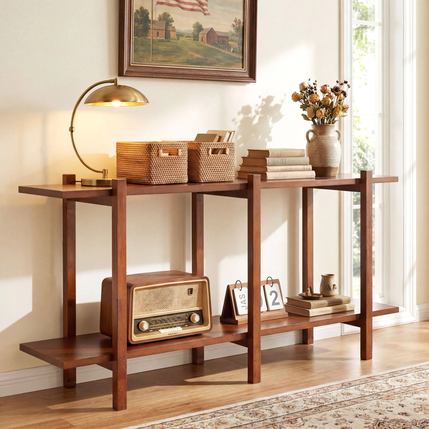 LJG 2-Tier Wood Bookshelf Low Horizontal Rubberwood Bookcase for Display