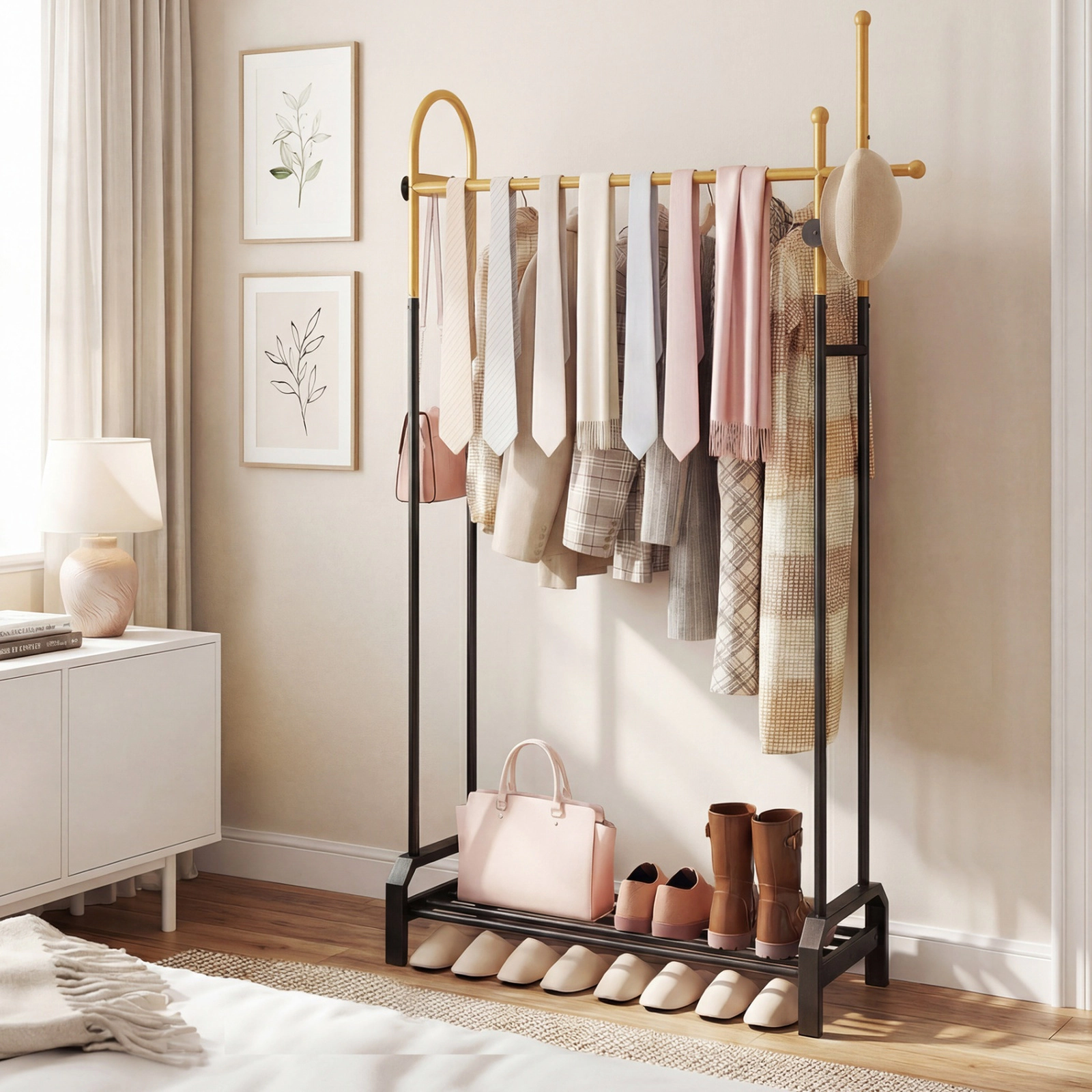 SUGIFT Double Rods Garment Rack with Side Hooks and Bottom Shelf 22-lb Rod Capacity 44-lb Shelf Capacity Gold and Black