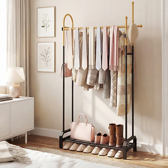 SUGIFT Double Rods Garment Rack with Side Hooks and Bottom Shelf 22-lb Rod Capacity 44-lb Shelf Capacity Gold and Black