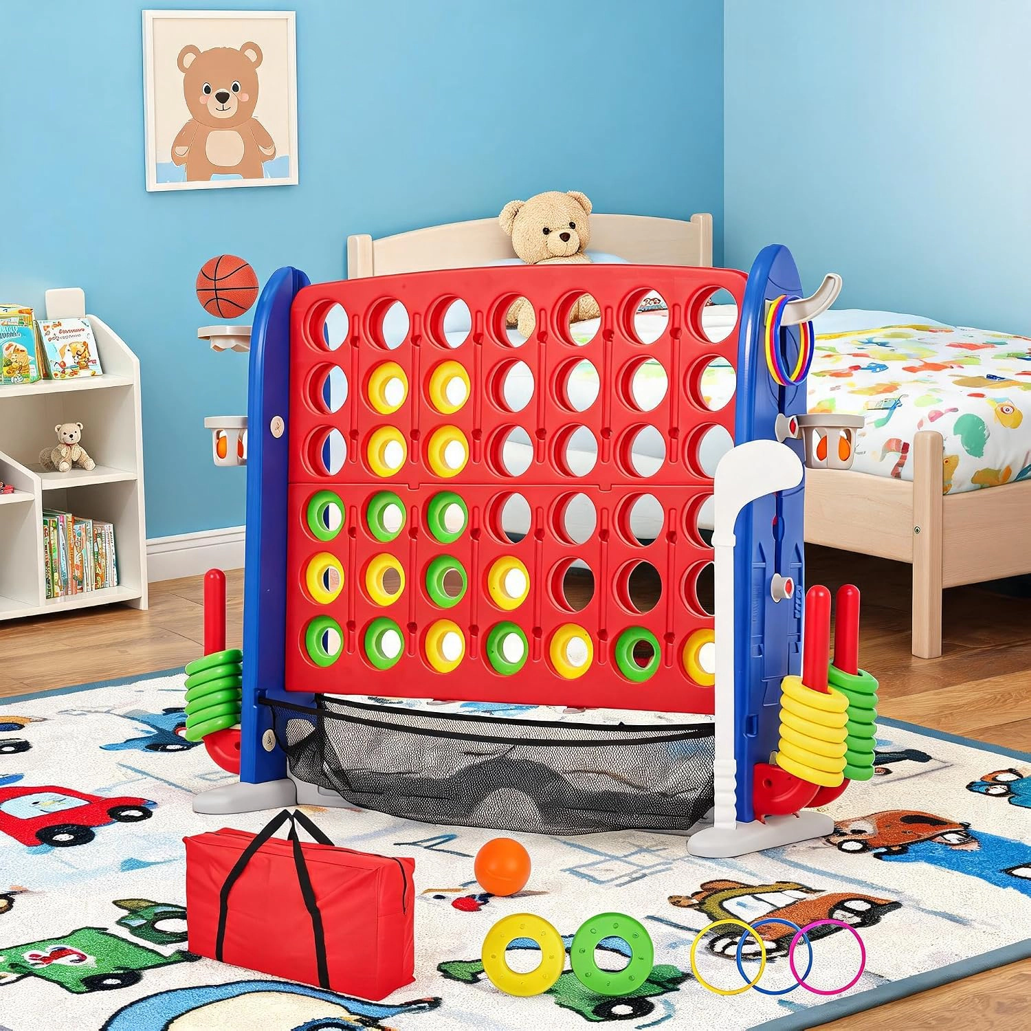 Giant 4-in-1 Floor Game Set, 3-Level Adjustable Height with Basketball, Golf, Ring Toss & 4-in-a-Row