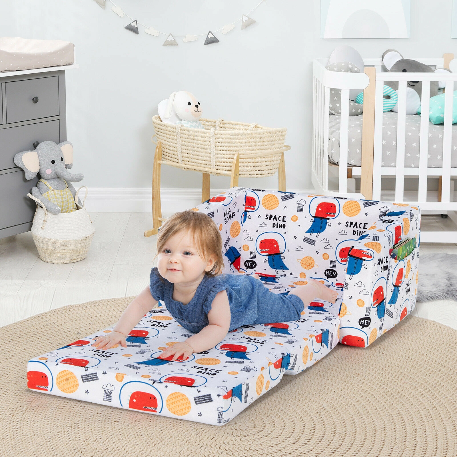 SUGIFT Convertible Toddler Sofa Sleeper, Velvet Chair with Storage Pockets, White