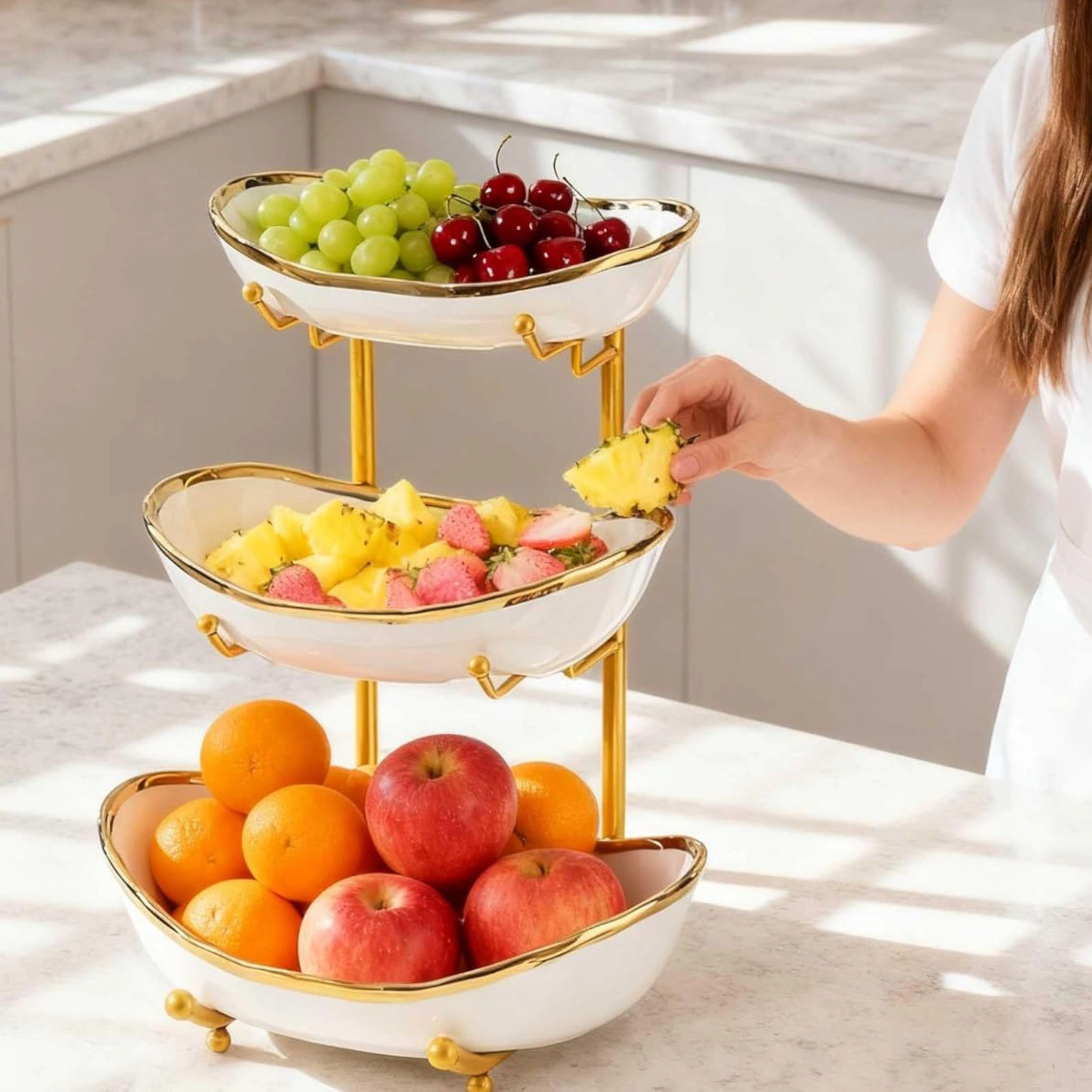 Stock Preferred 3 Tier Ceramic Fruit Bowl Stand with Metal Frame for Kitchen Counter