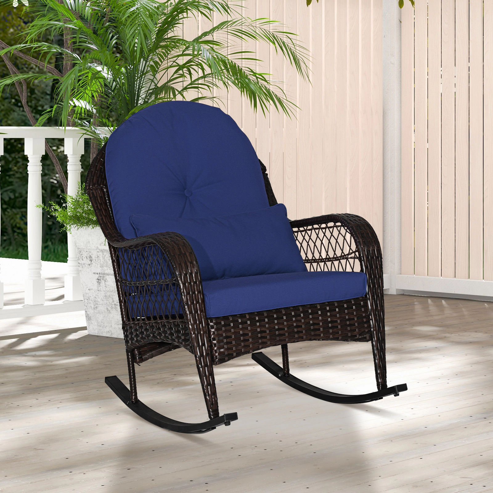 SUGIFT Outdoor PE Rattan Rocking Chair, 400 lb Capacity, Cushions and Lumbar Pillow