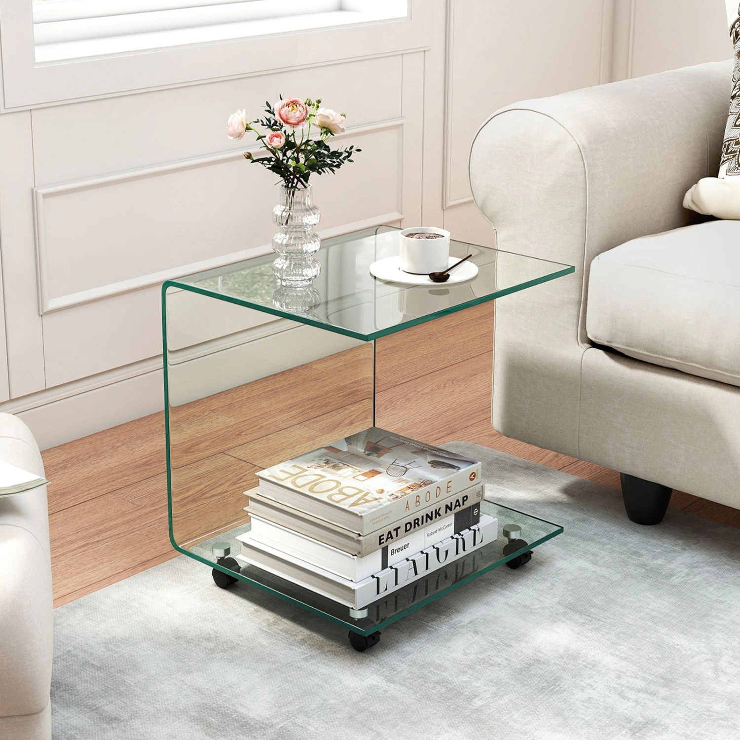 SlickBlue Mobile Side Table with Lockable Wheels, Glass Surface and Open Storage