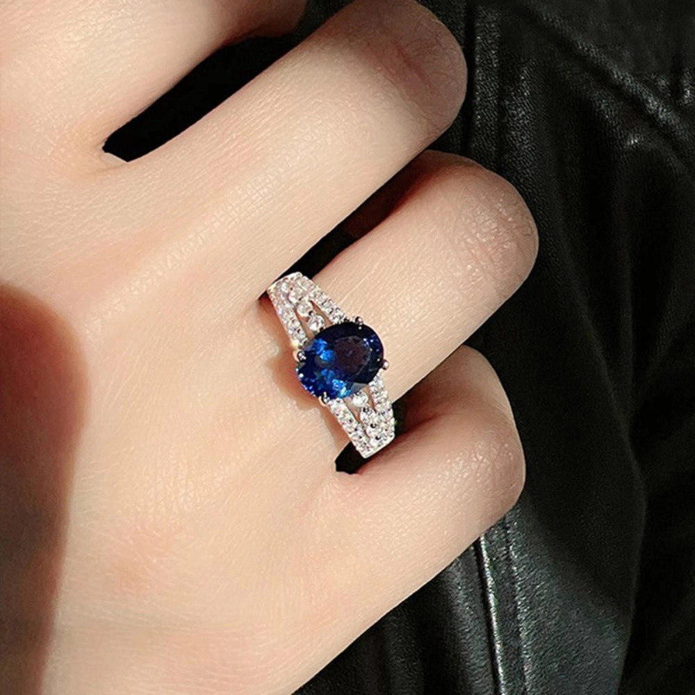 Oval Sapphire Ring Double Band Royal Blue Statement Ring