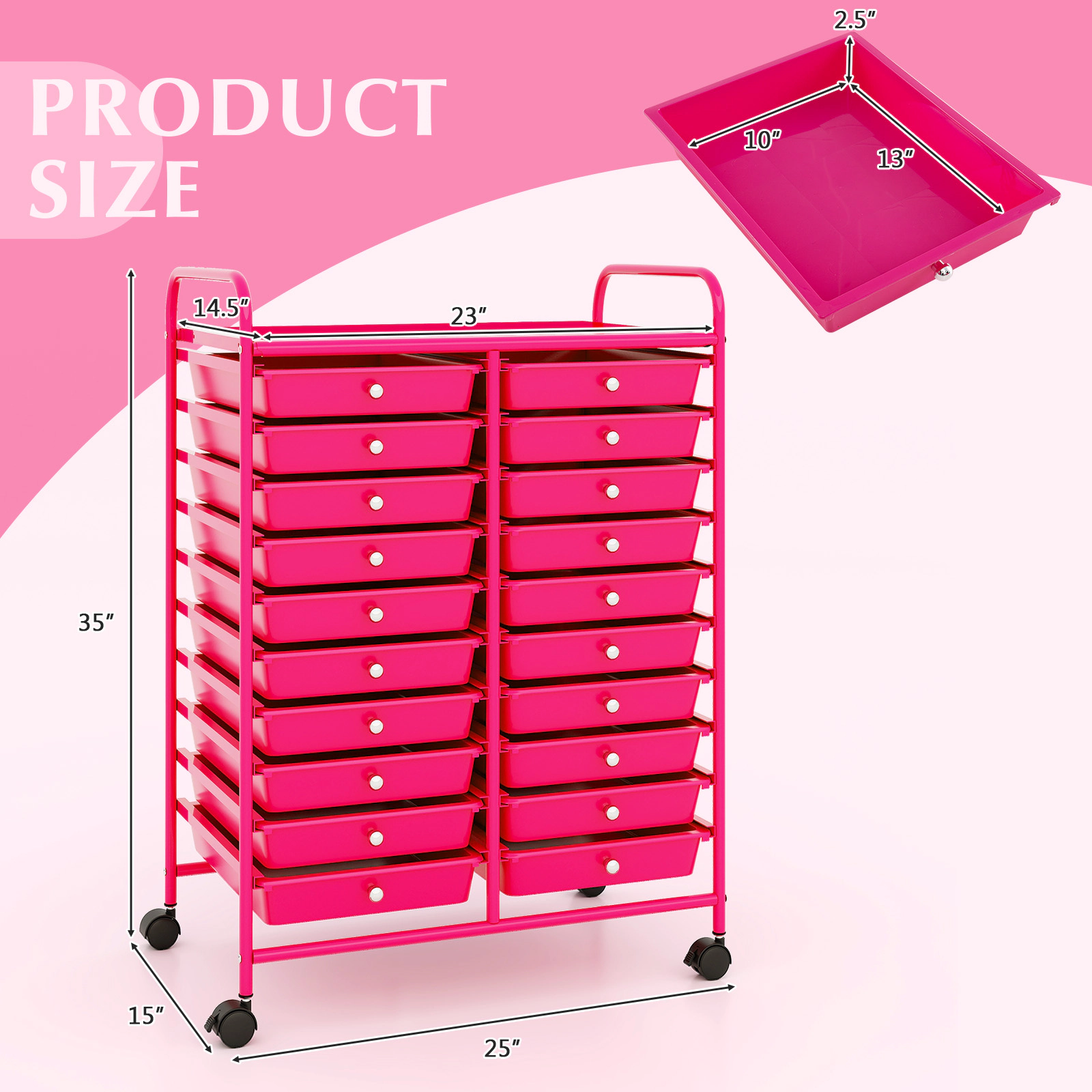 SUGIFT Pink 20-Drawer Rolling Storage Cart Organizer with Steel Frame Lockable Wheels and Top Shelf