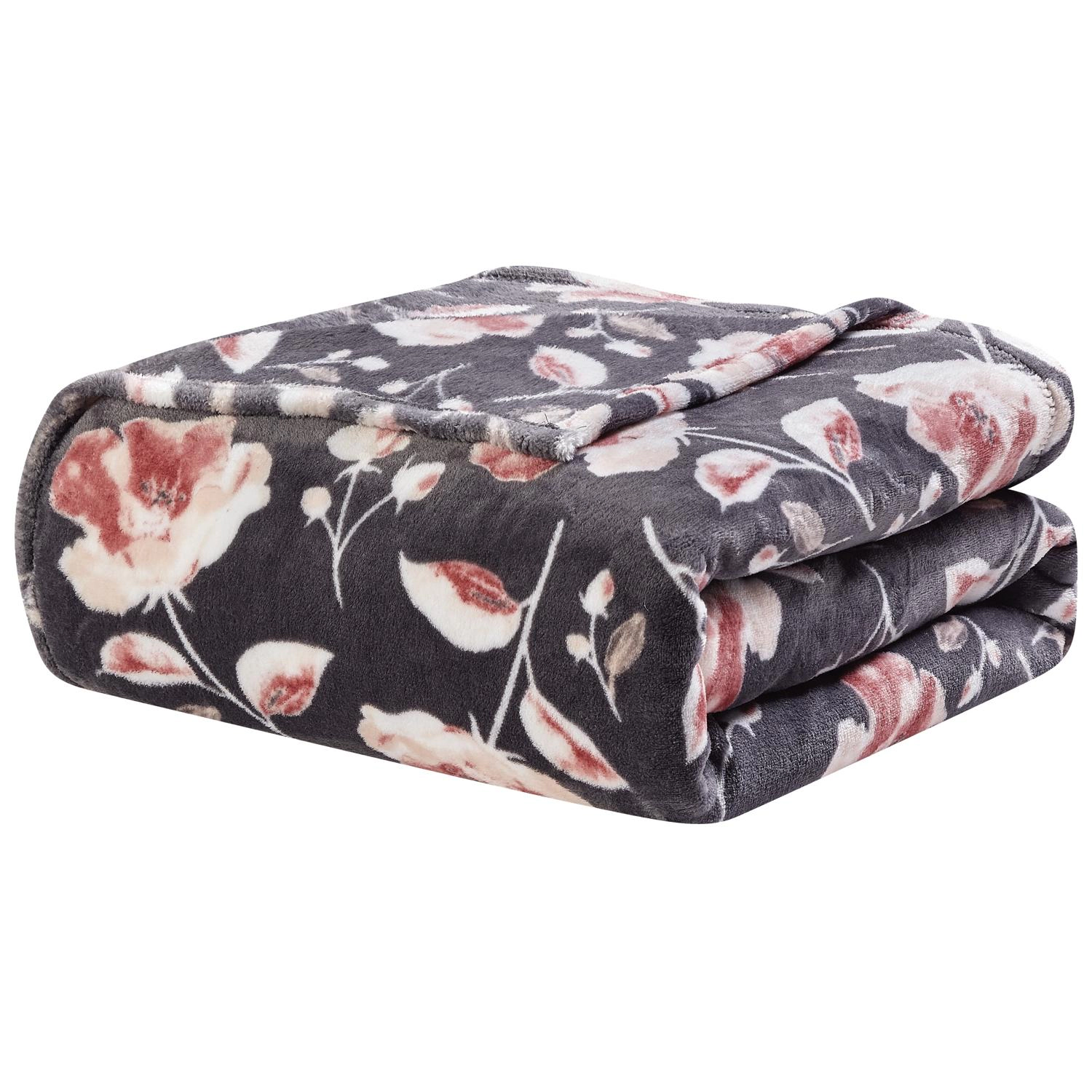 Plazatex Luxurious Ultra Soft Lightweight Altura Printed Blanket Queen Grey Floral