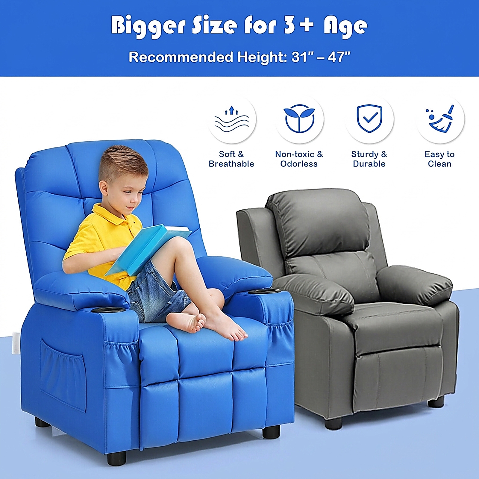 SUGIFT Kids Recliner Chair with Cup Holders and Footrest 120-lb Capacity Over 3 Years Blue