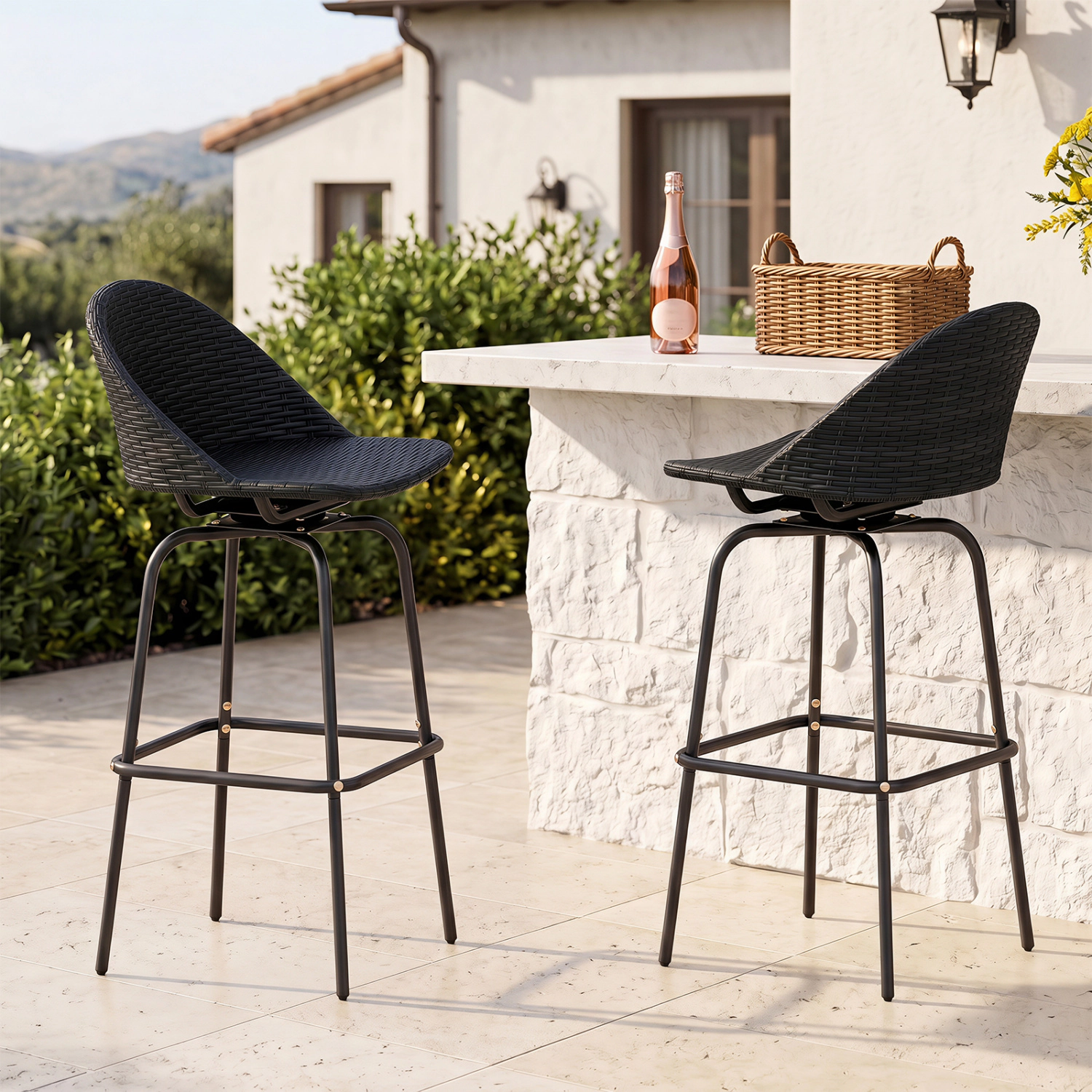 LJG Set of 2 Rattan Swivel Barstools with Curved Back