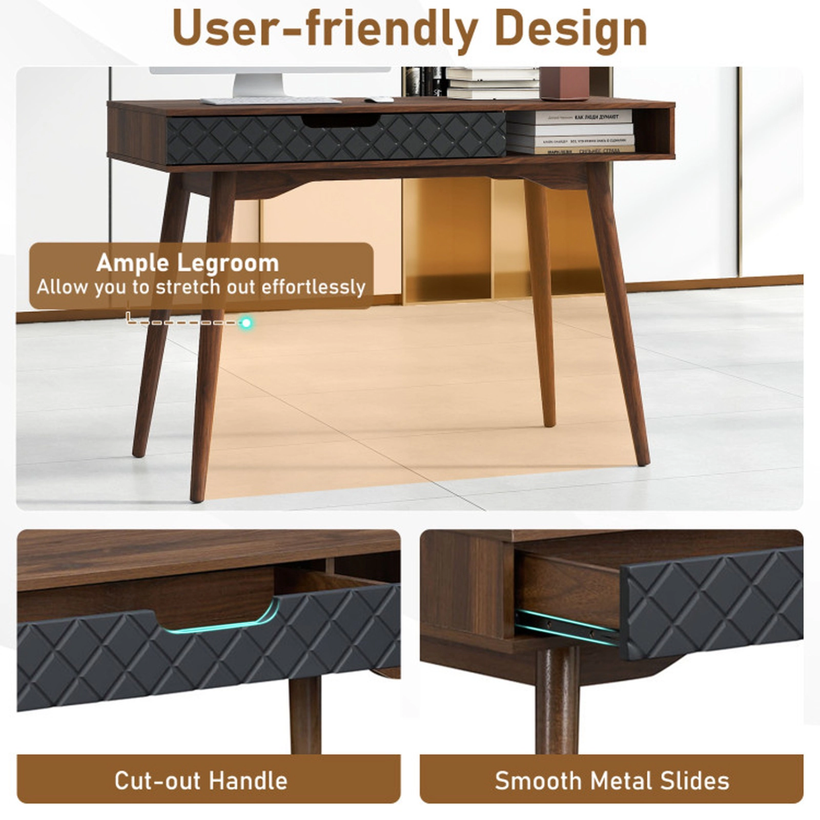 SUGIFT Mid-Century Modern Computer Desk with Drawer and Open Compartment 110-lb Desktop Capacity Brown & Black