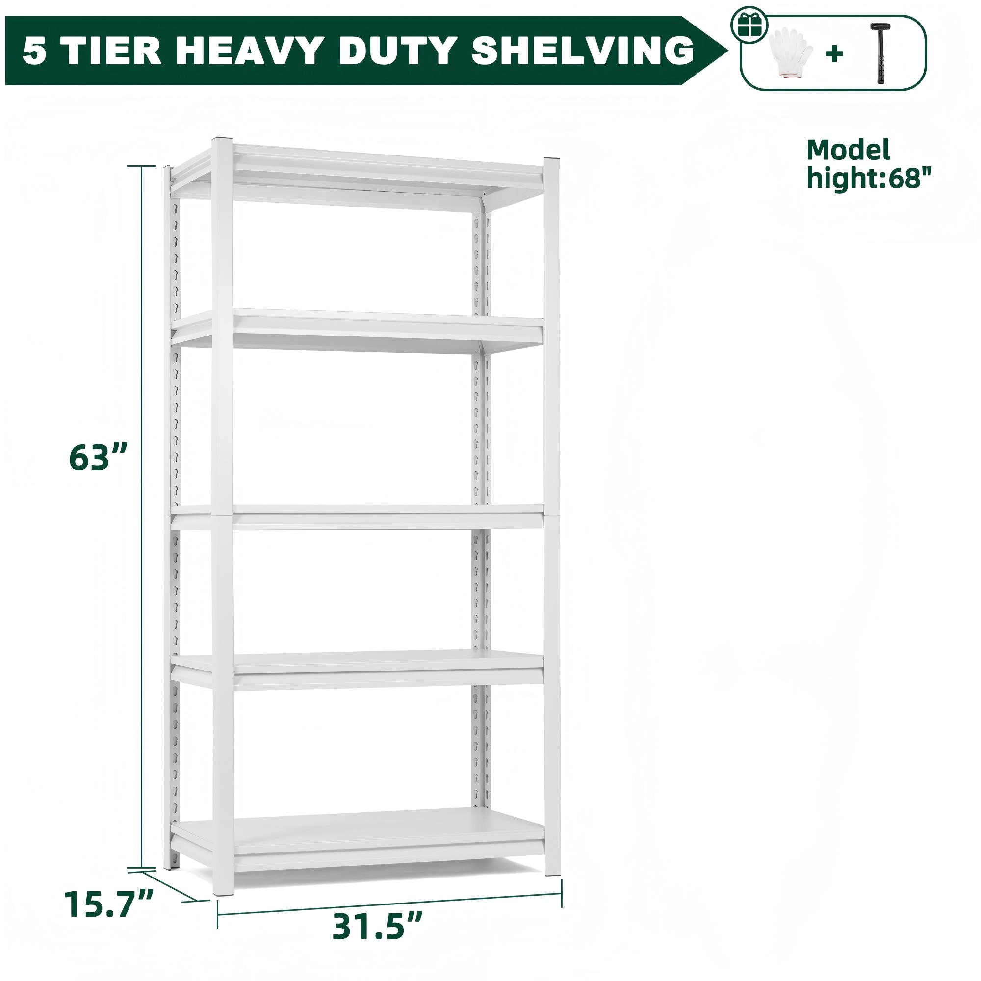 Flynama 5-Tier Heavy Duty Steel Freestanding Adjustable Storage Rack in White (31.5 in. W x 63 in. H x 15.7 in. D)