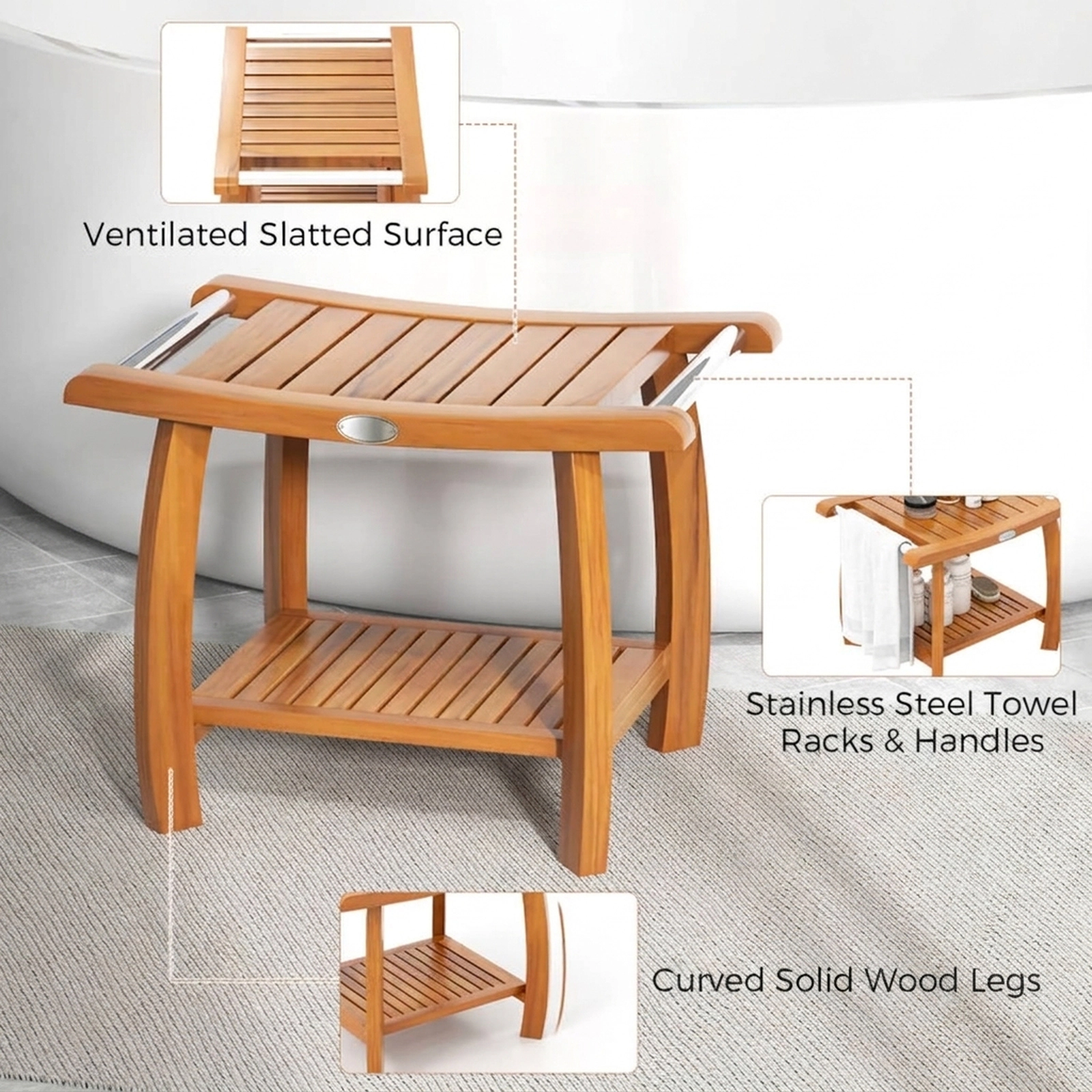 SUGIFT 24.5-Inch 2-Tier Teak Shower Bench, 350-Lb Capacity, Curved Legs