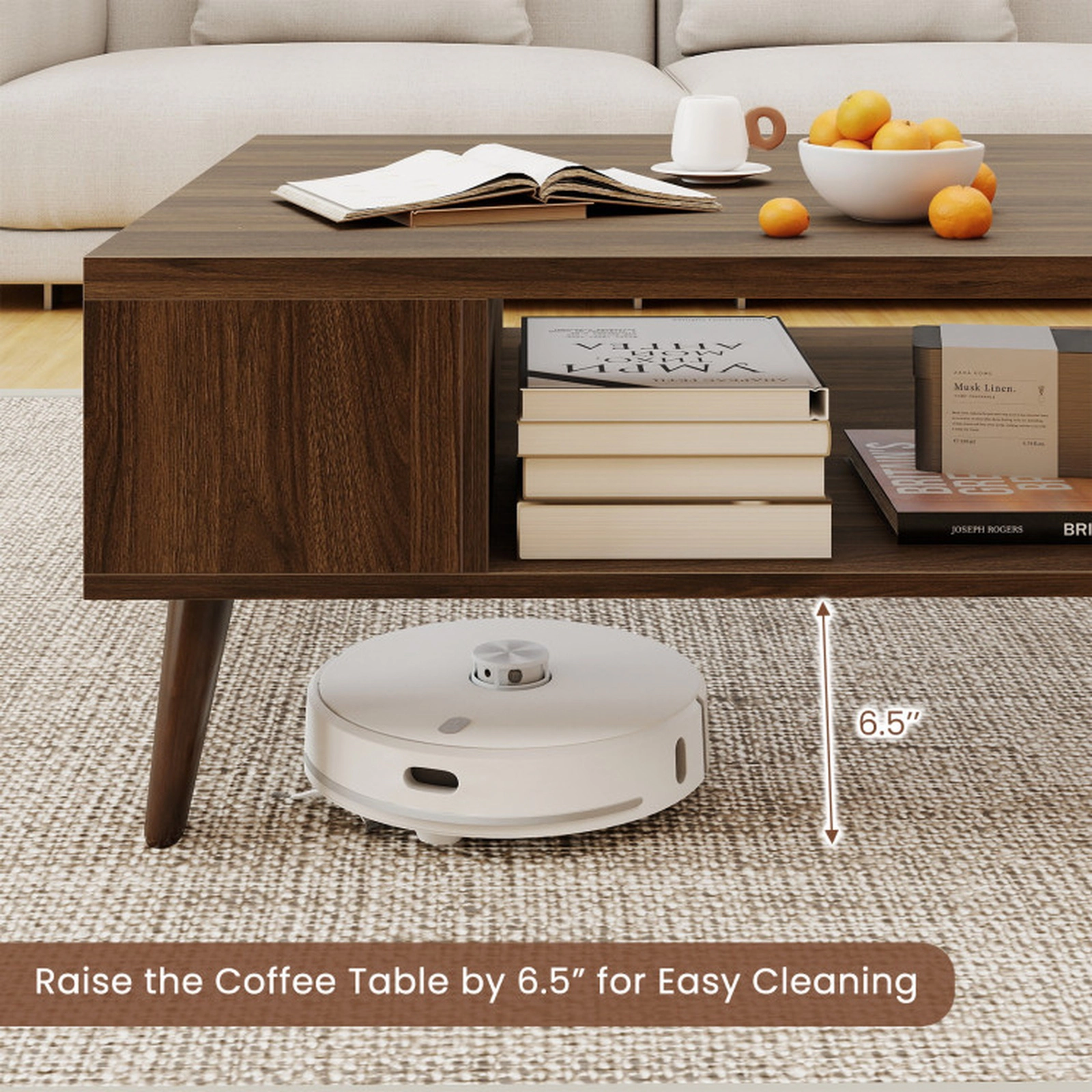 SUGIFT Mid Century Modern Rectangular Coffee Table with Open Compartment and Side Shelves 88-lb Tabletop Capacity Walnut