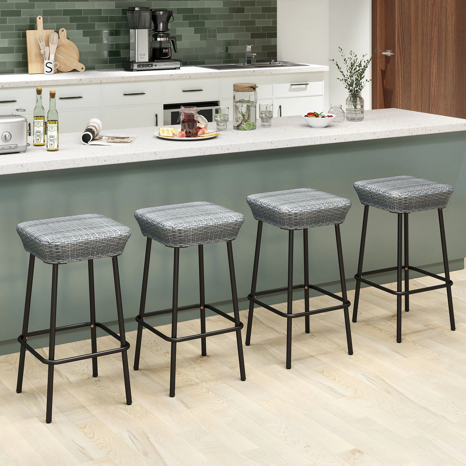 SUGIFT Gray Woven Rattan Seat and Footrest Set of 2 29.5 Inch Patio Bar Stool