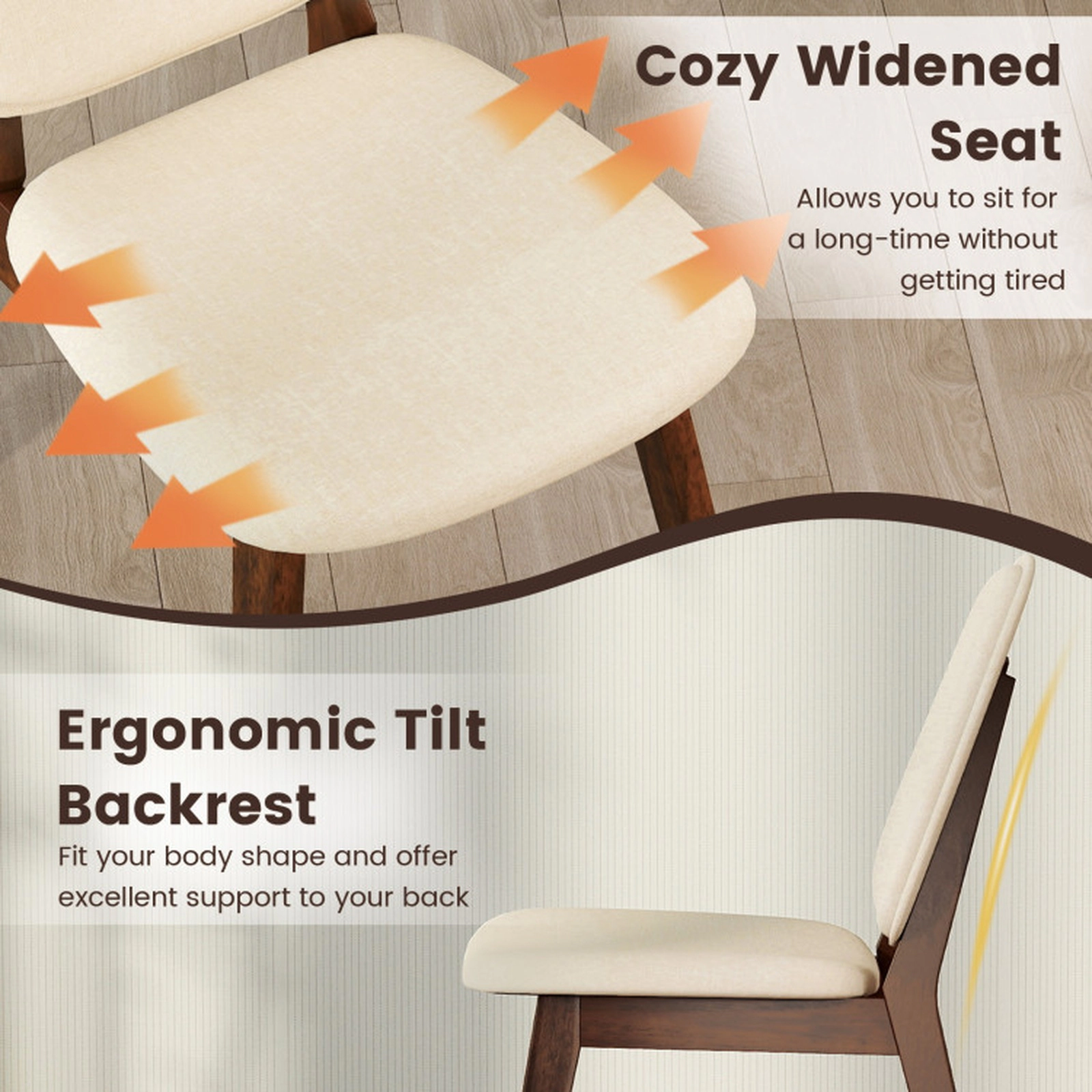 SUGIFT Set of 4 Mid-Century Modern Wooden Upholstered Dining Side Chairs 330-lb Capacity Brown+Beige