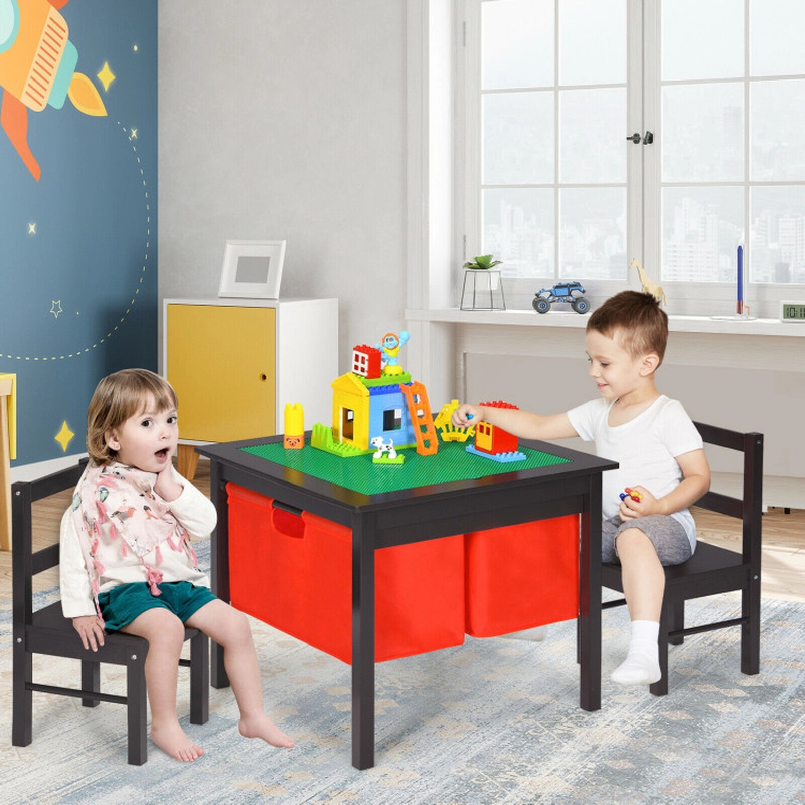 SUGIFT 2-in-1 Kids Activity Table & 2 Chairs Set with Storage 200-lb Table Capacity 100-lb Chair Capacity Ages 3-8 Years