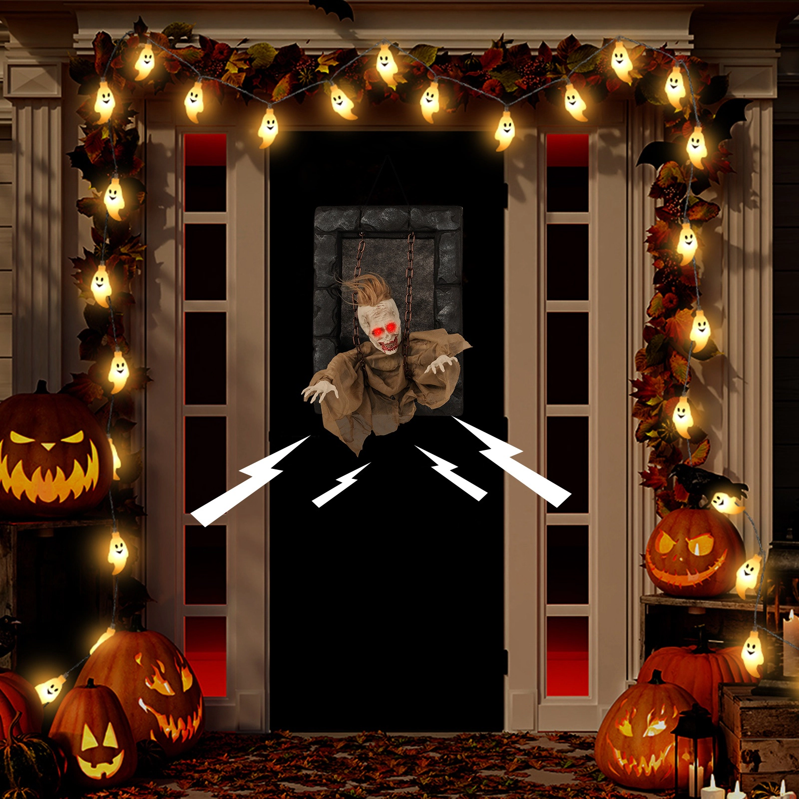 SUGIFT 18-in x 12.5-in Sound-Activated Red LED Eyes Hanging Halloween Zombie Prisoner Decor 3-in Frame 1-lb