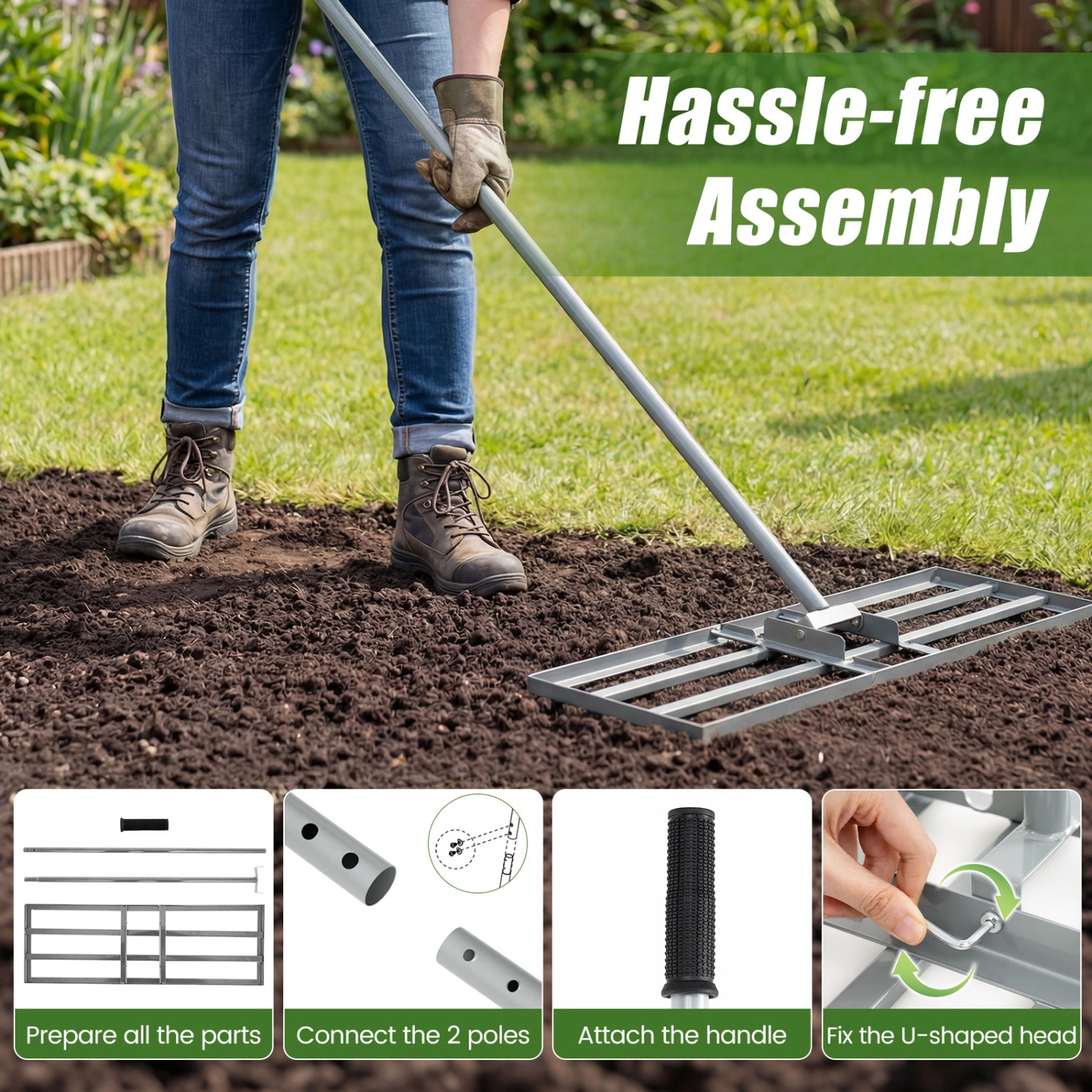 SUGIFT Silver 30-in x 10-in Yard Leveling Rake with 2-Section 69-in Handle and Double-Welded U-Bracket