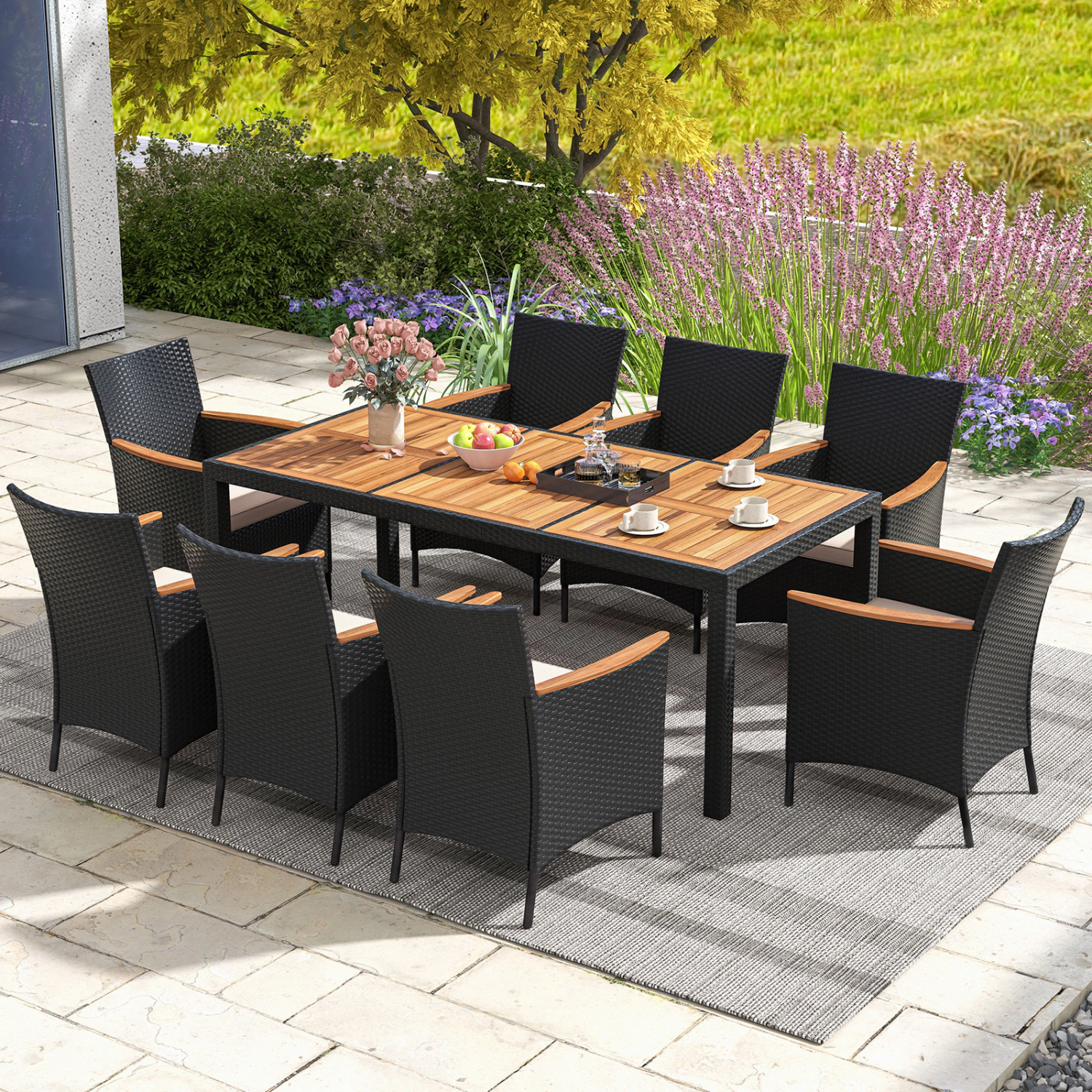 LJG 9 Pieces Outdoor Dining Set with Acacia Wood Tabletop