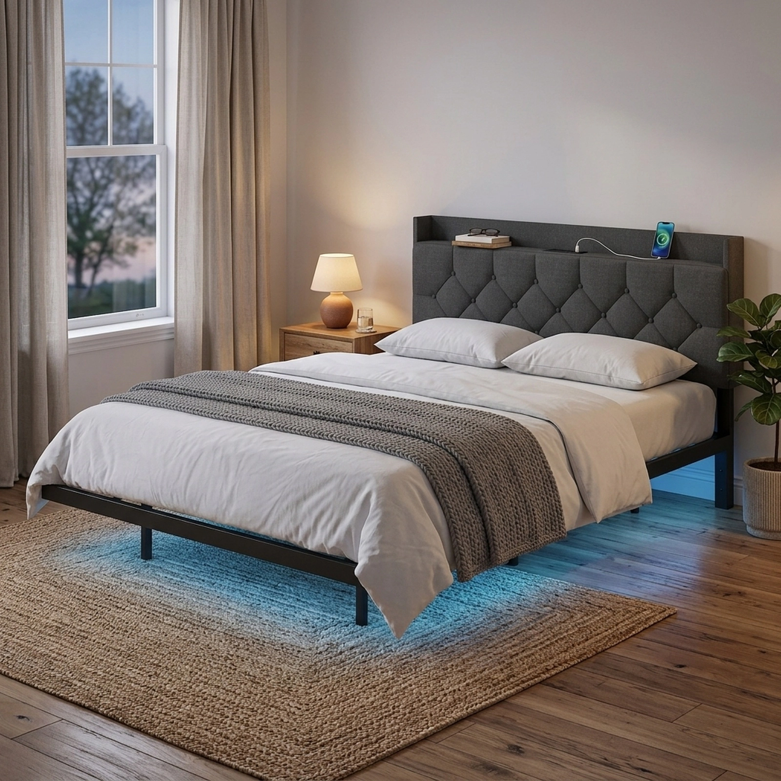 SUGIFT Full Size Floating Platform Bed with Smart LED Lights, Storage Headboard and Charging Station