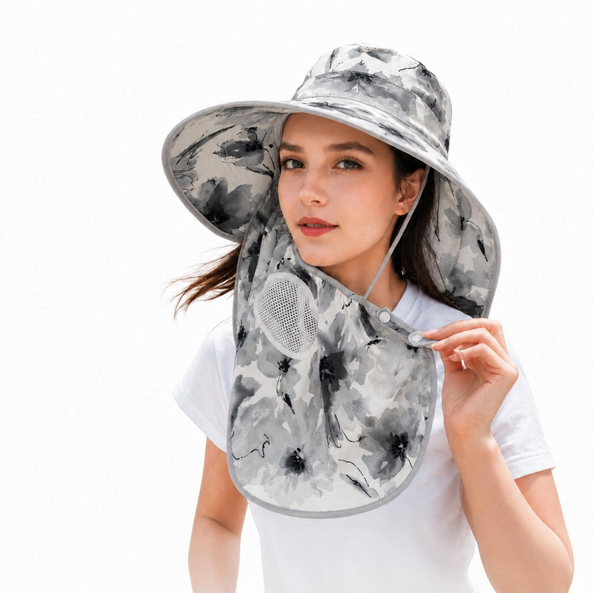 Alilang Women's Floral Wide Brim Sun Hat with Face Cover Neck Flap and Mesh Breathing Panel