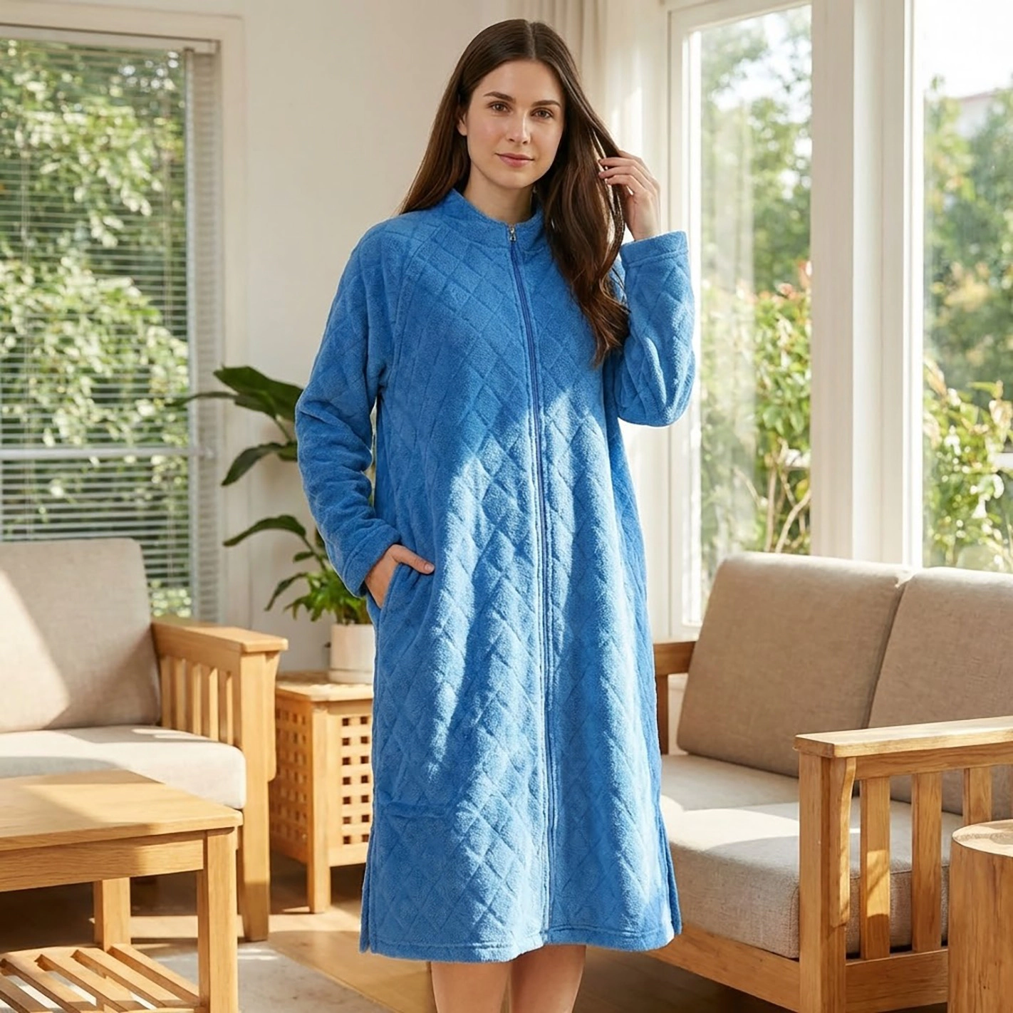 Loungees Plush Fleece Robe Royal Blue, Mid Length Zip Front Bathrobe with Shawl Collar, Soft Coral House