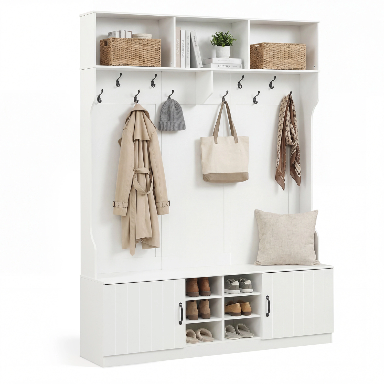 Glintex 59-Inch Wide 6-in-1 Hall Tree with Soft-Close Hinges and Adjustable Shelves, White