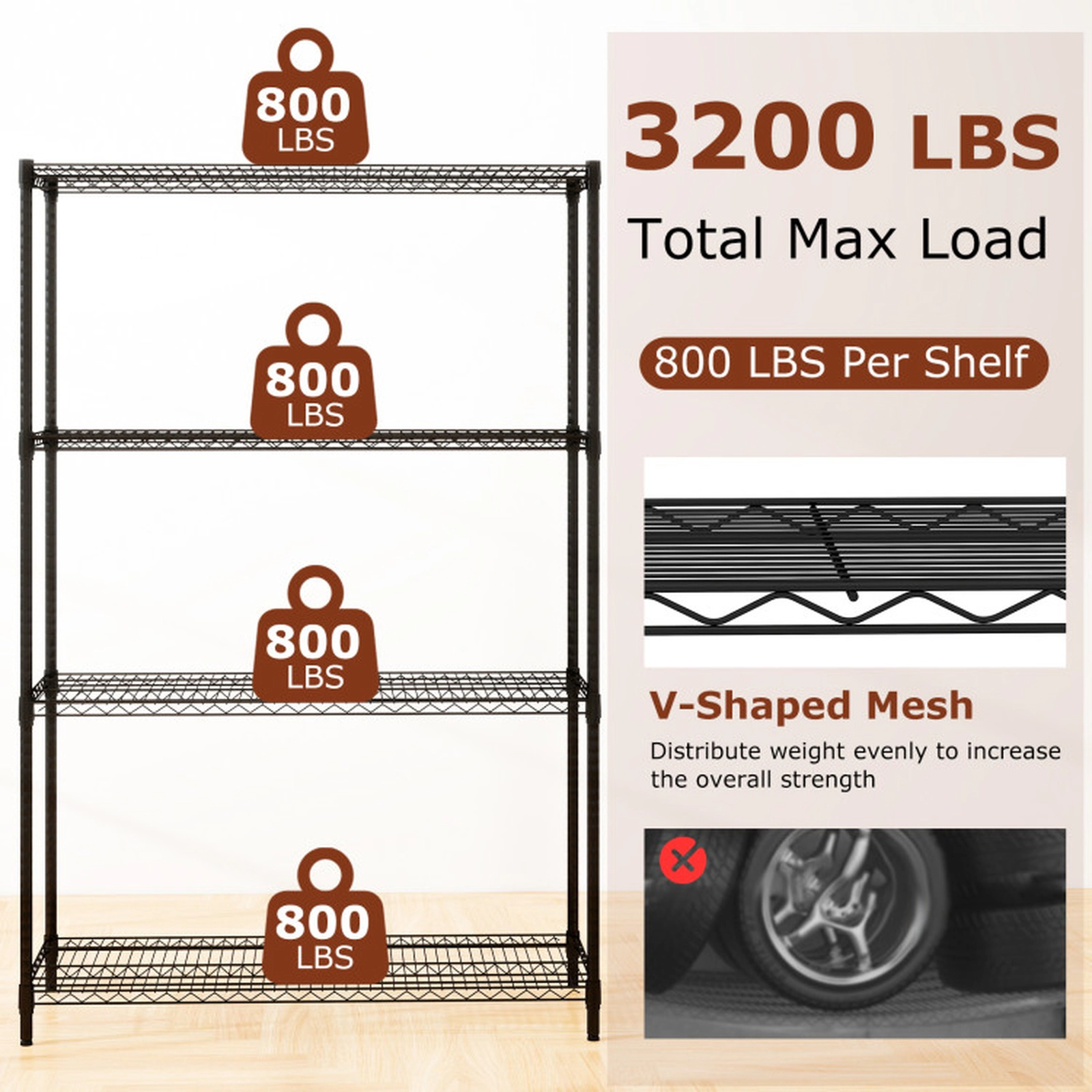 SUGIFT Set of 2 Black 4-Tier 800-lb Capacity Metal Garage Storage Shelving Units with V-Shaped Wire Racks