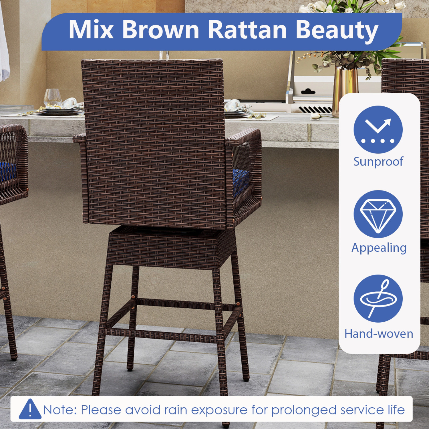 LJG 29" Bar Height Patio 360° Swivel Bar Stool with Cross-Woven Armrests Footrest and Seat Cushion