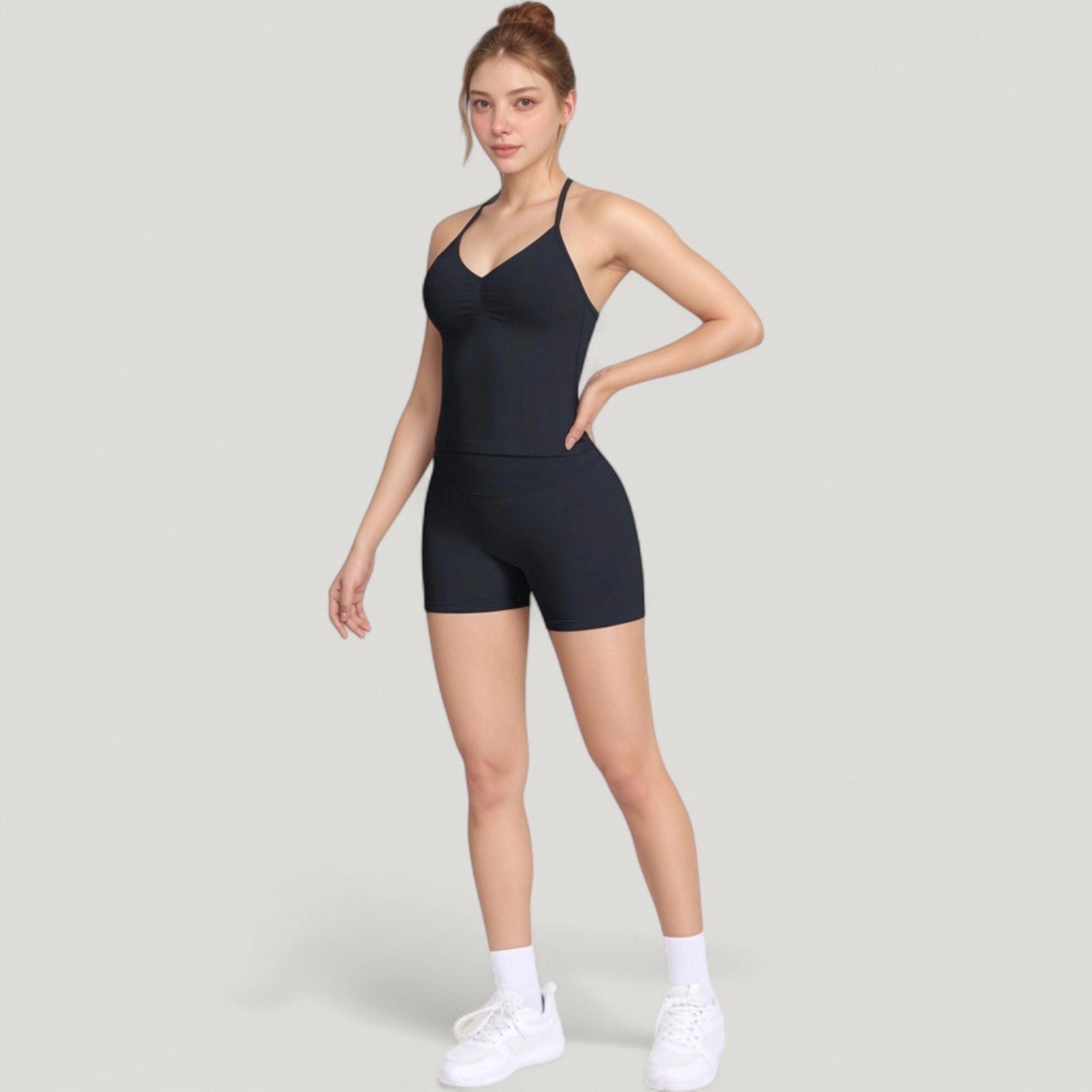 Anna-Kaci Women's Seamless Active Set with Halter Neck Top and Fitted Shorts