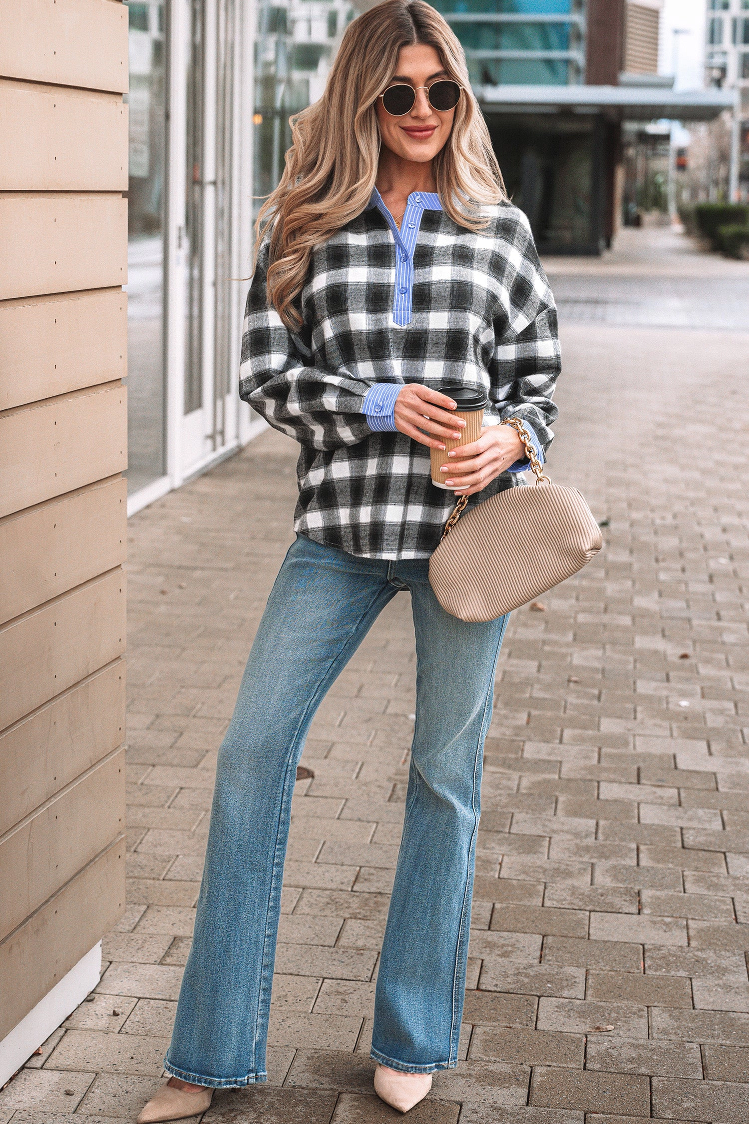 Threaded Pear Women's Ezra Half Placket Plaid Blouse