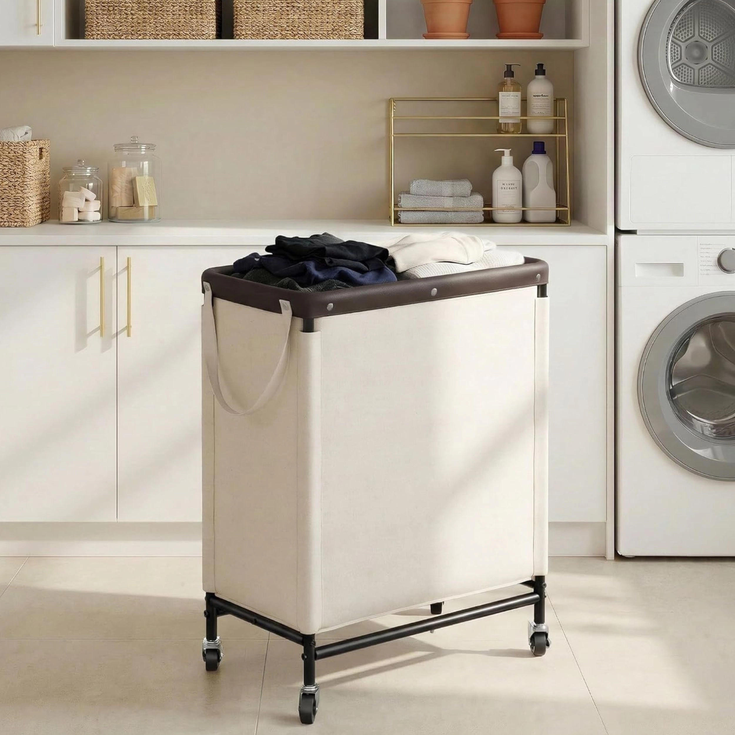Stock Preferred 2 Section Laundry Hamper 100L Sorter Cart with Wheels Removable Bags Tan