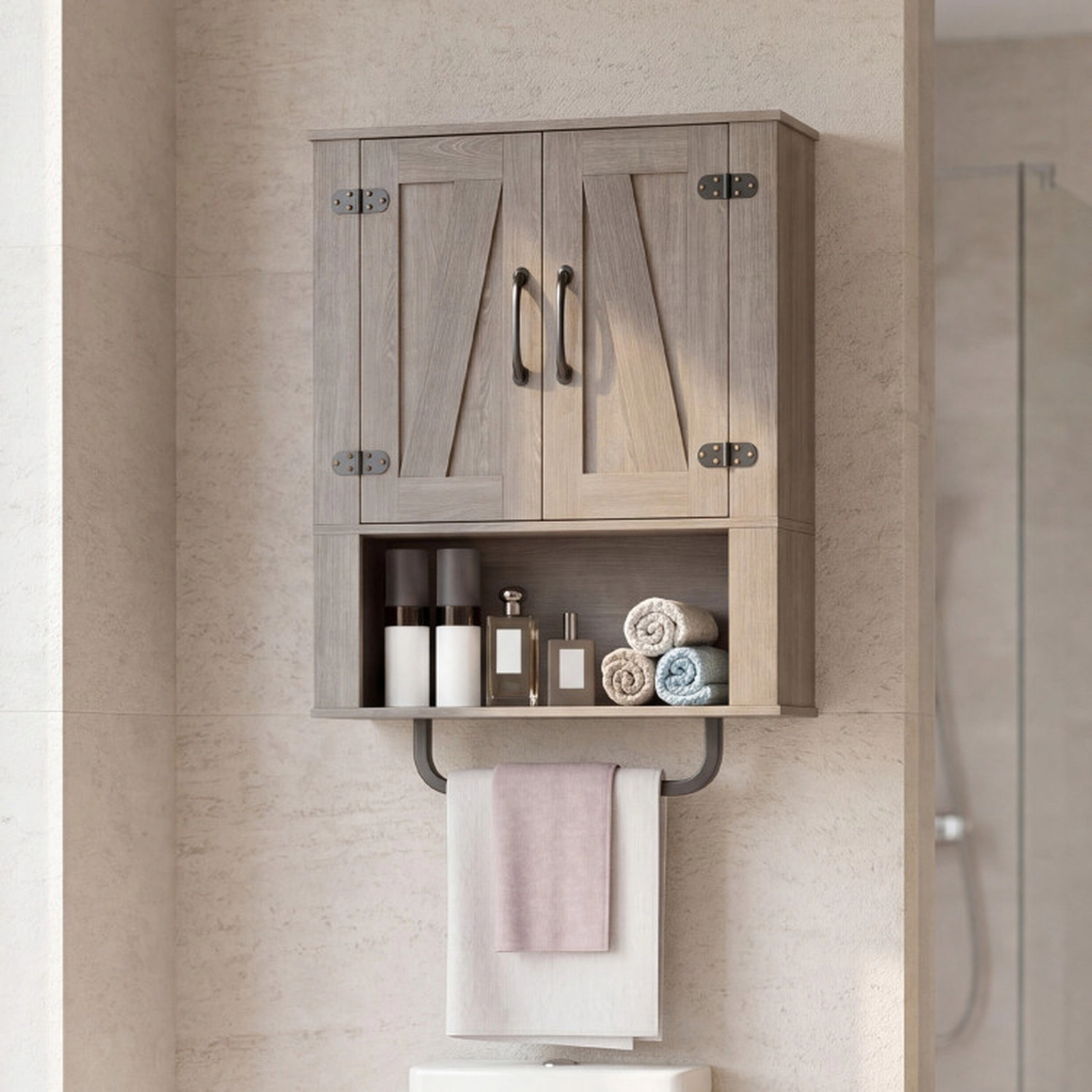SUGIFT 2 Barn Doors Towel Bar 3-Tier Wall Mount Bathroom Storage Cabinet 24-in x 8-in x 33-in 11-lb per Shelf Gray