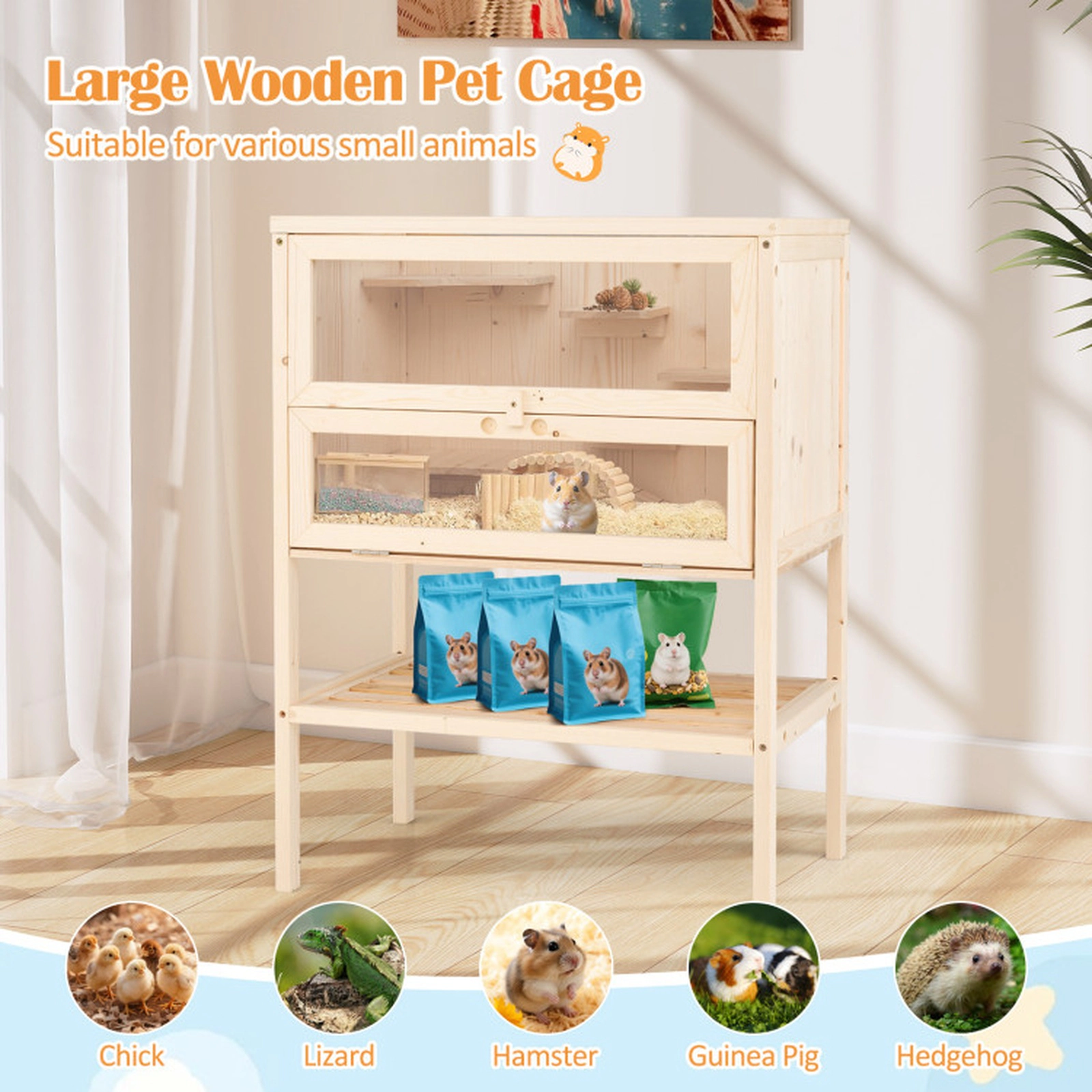 SUGIFT Natural Flip-Up Roof 31.5-in Freestanding Wooden Hamster Cage Small Pet Habitat