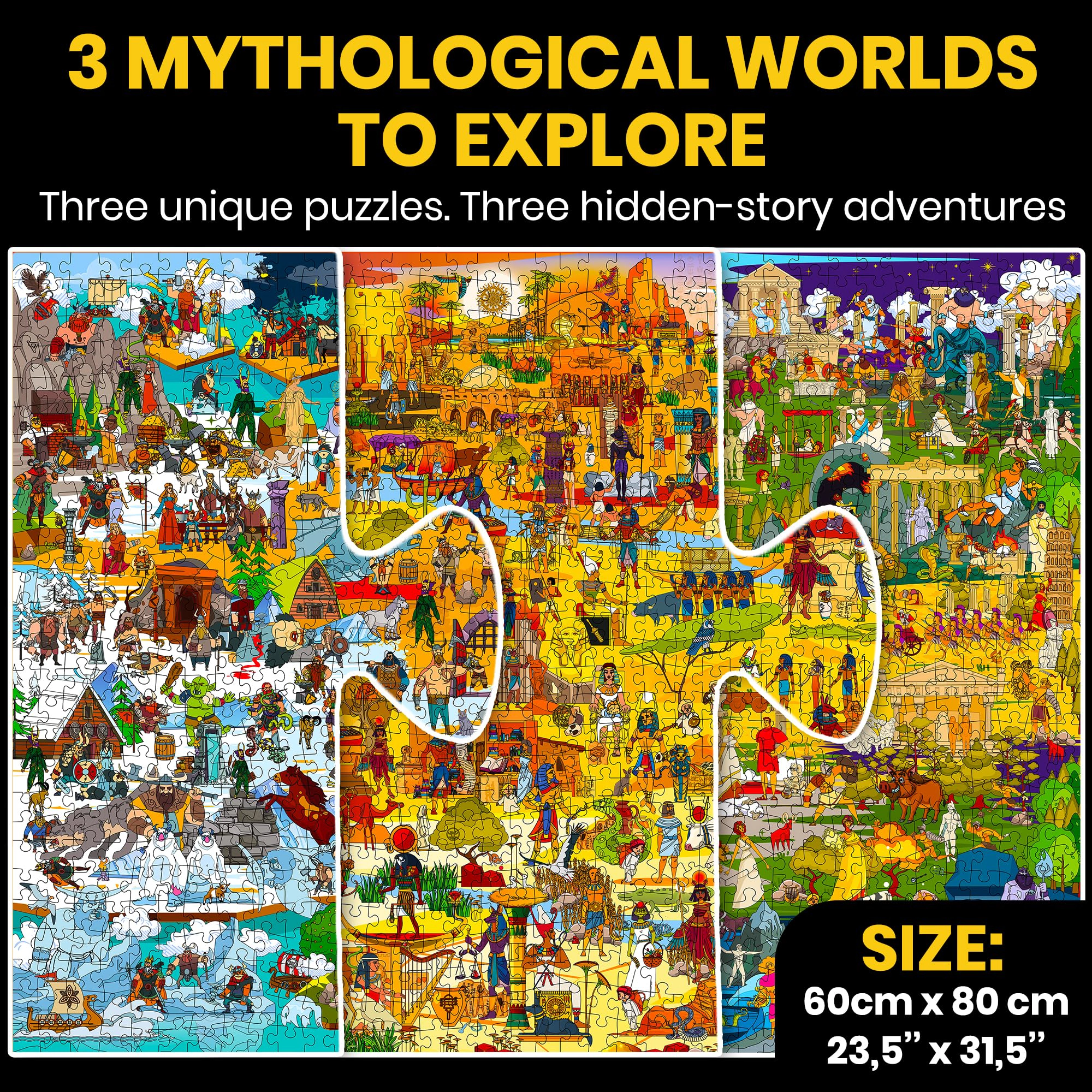 QUOKKA 1000-Piece Jigsaw Puzzle Set for Adults, 3-Pack, Egyptian, Greek & Norse Mythology with Hidden Challenges & Audio Stories